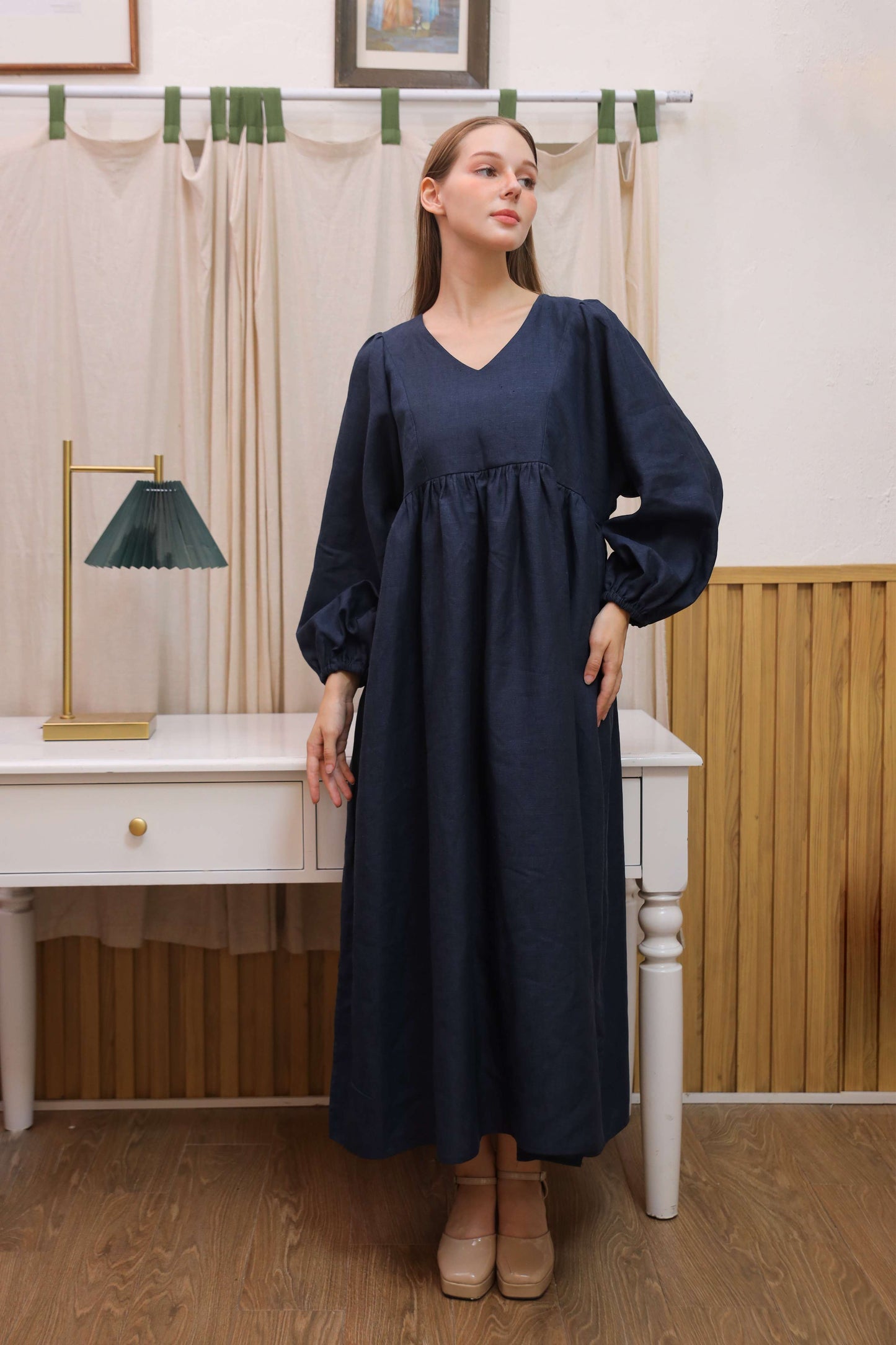 Puff Sleeve Linen Boho Dress BRUGES Ankle Length