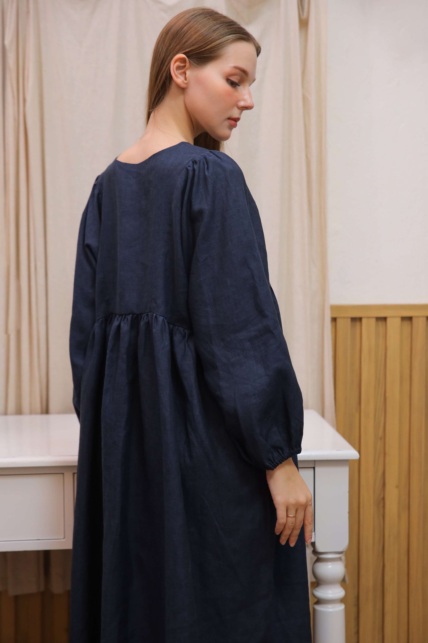 Puff Sleeve Linen Boho Dress BRUGES Ankle Length