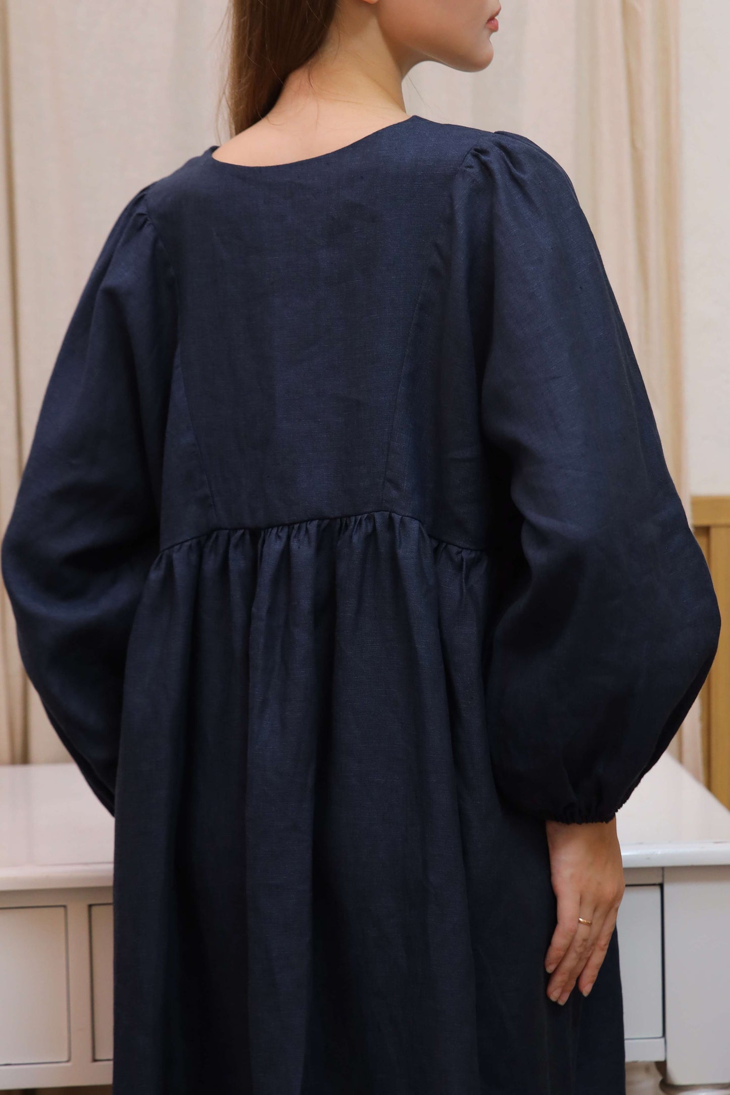 Puff Sleeve Linen Boho Dress BRUGES Ankle Length