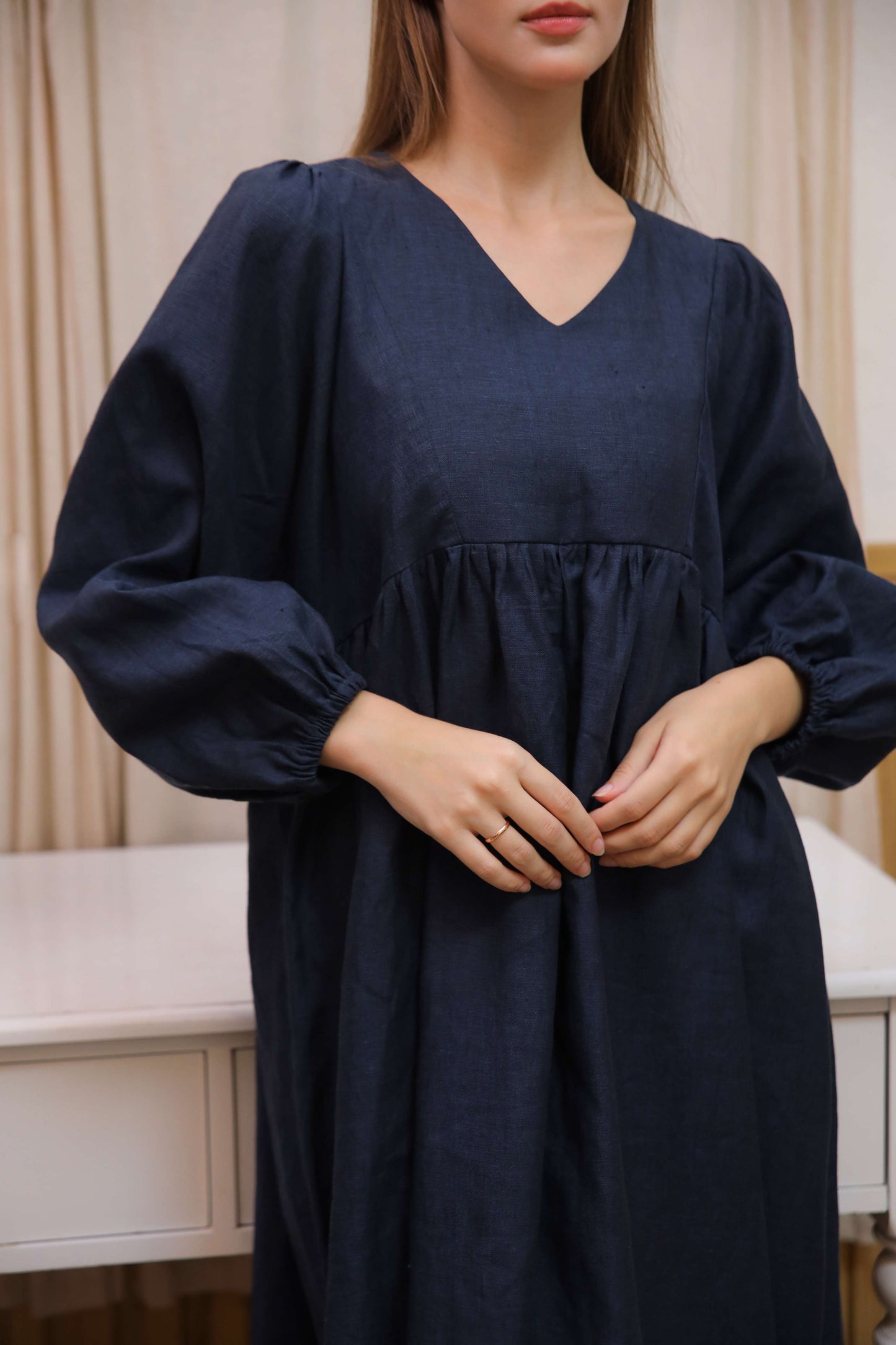 Puff Sleeve Linen Boho Dress BRUGES Ankle Length