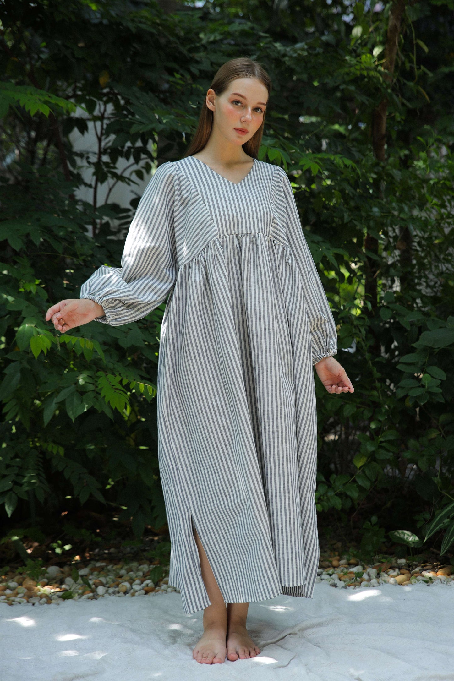 Puff Sleeve Linen Boho Dress BRUGES Ankle Length