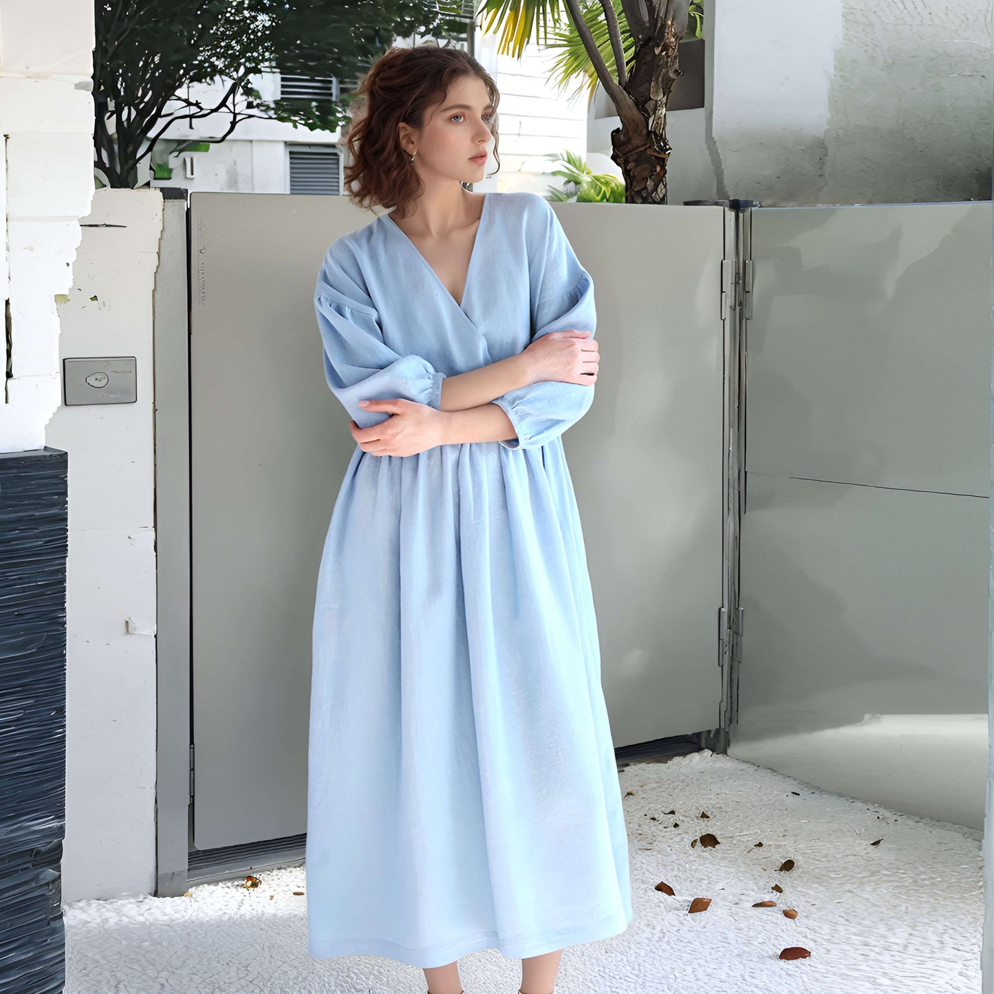 Puffy Sleeve V-Neck Linen Midi Dress SICILY Vintage