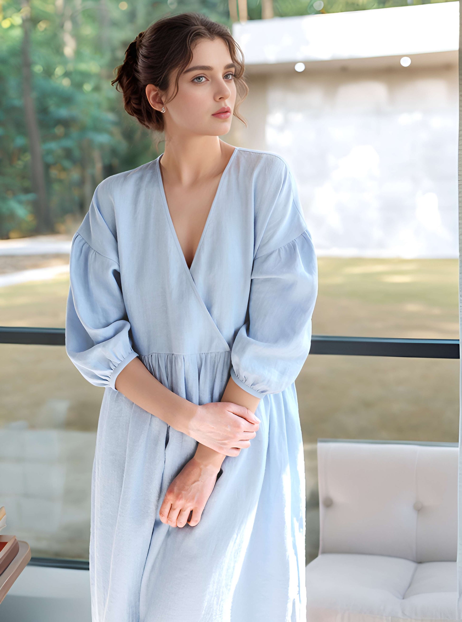 Puffy Sleeve V-Neck Linen Midi Dress SICILY Vintage