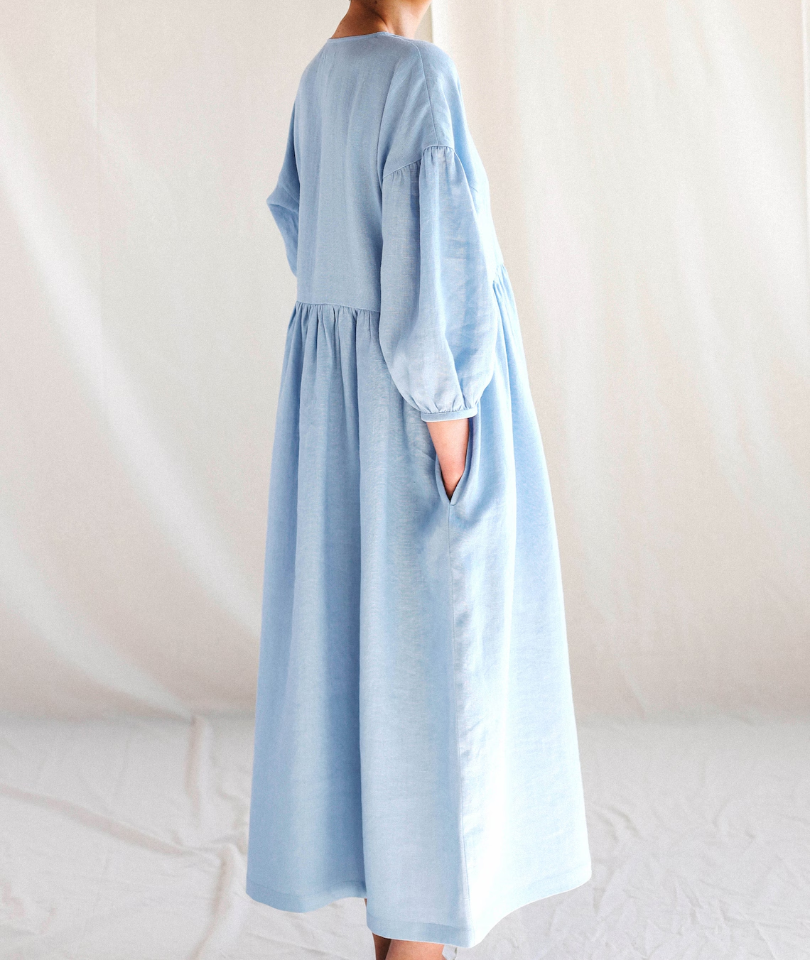 Puffy Sleeve V-Neck Linen Midi Dress SICILY Vintage