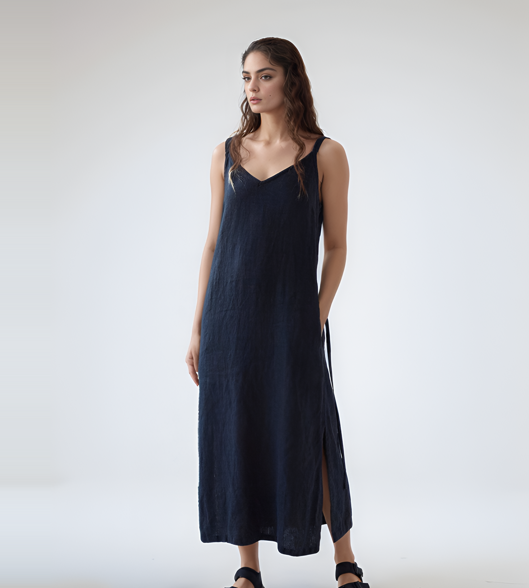 Resort Linen Slip Dress LYON with Side Slit