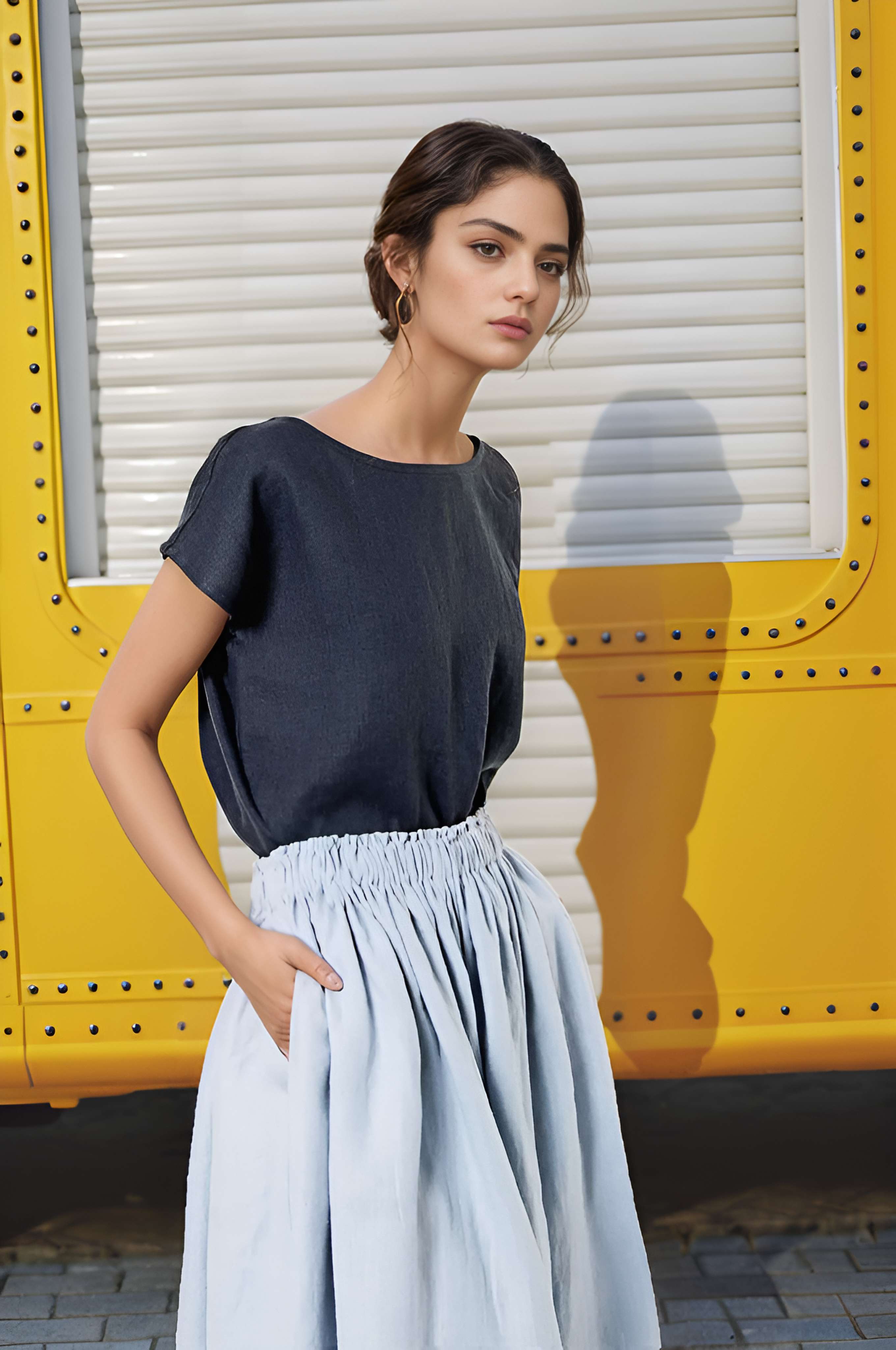 Ruffle Midi Linen Skirt ANNECY with Pockets for Women