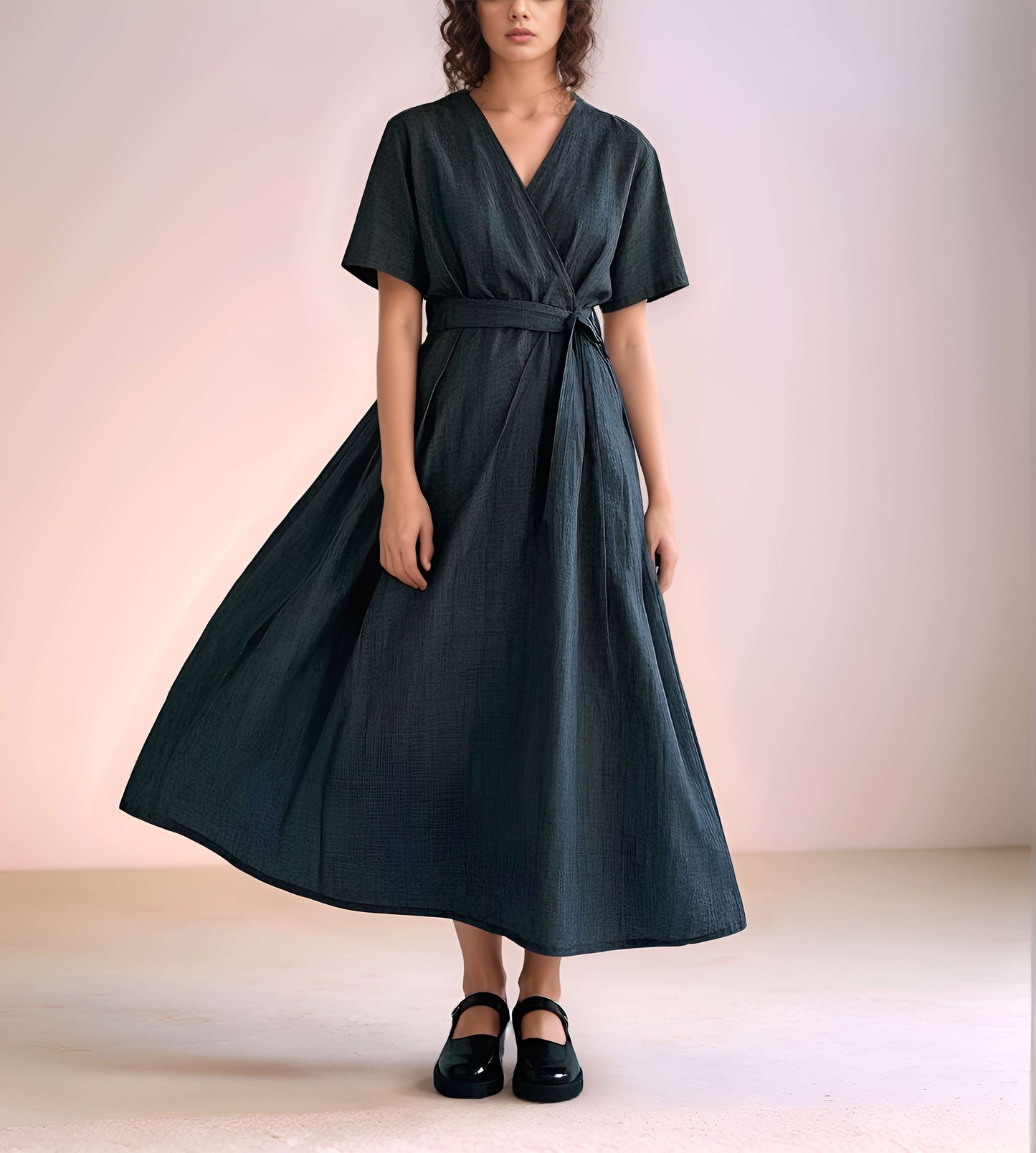 Short Sleeve V-Neck Linen Dress BLOIS with Belt