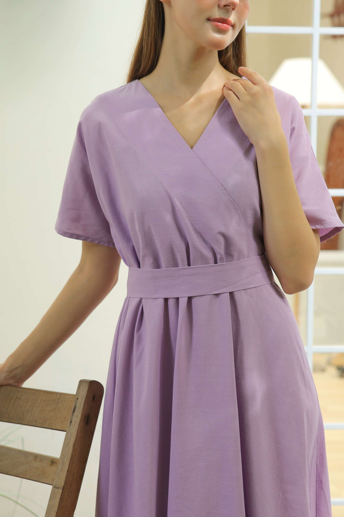 Short Sleeve V-Neck Linen Wrap Dress CAEN with Belt