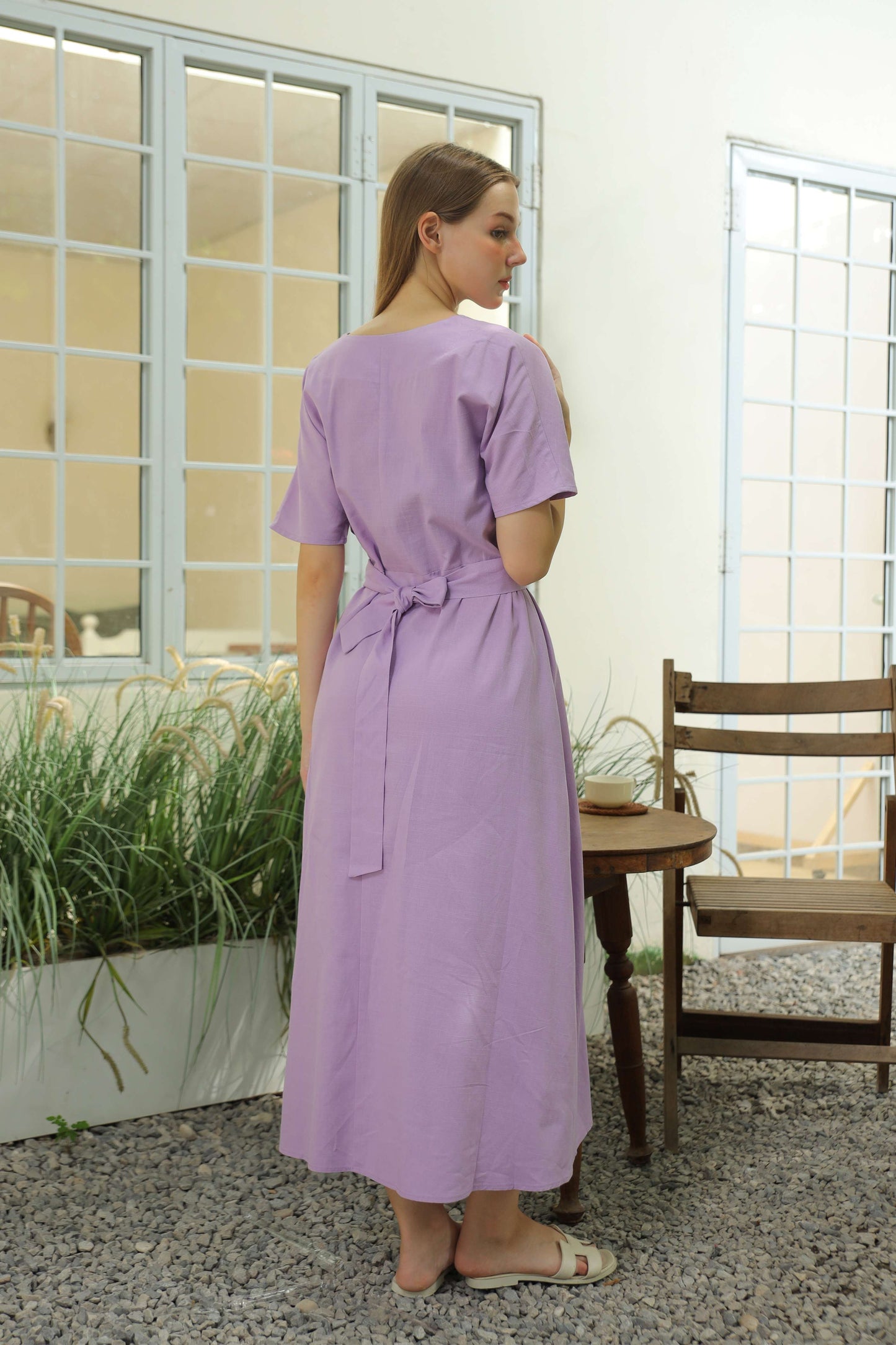 Short Sleeve V-Neck Linen Wrap Dress CAEN with Belt