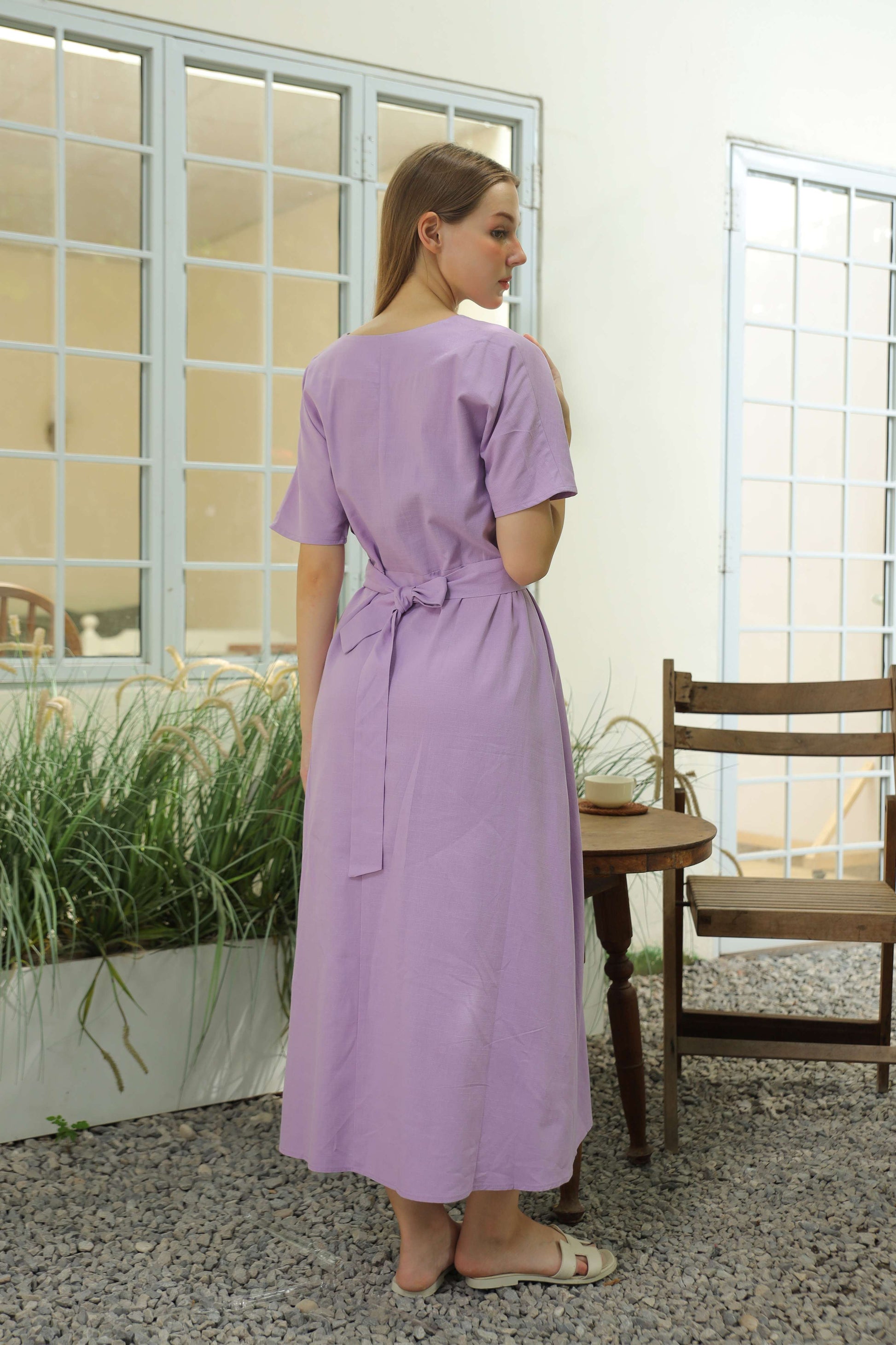 Short Sleeve V-Neck Linen Wrap Dress CAEN with Belt