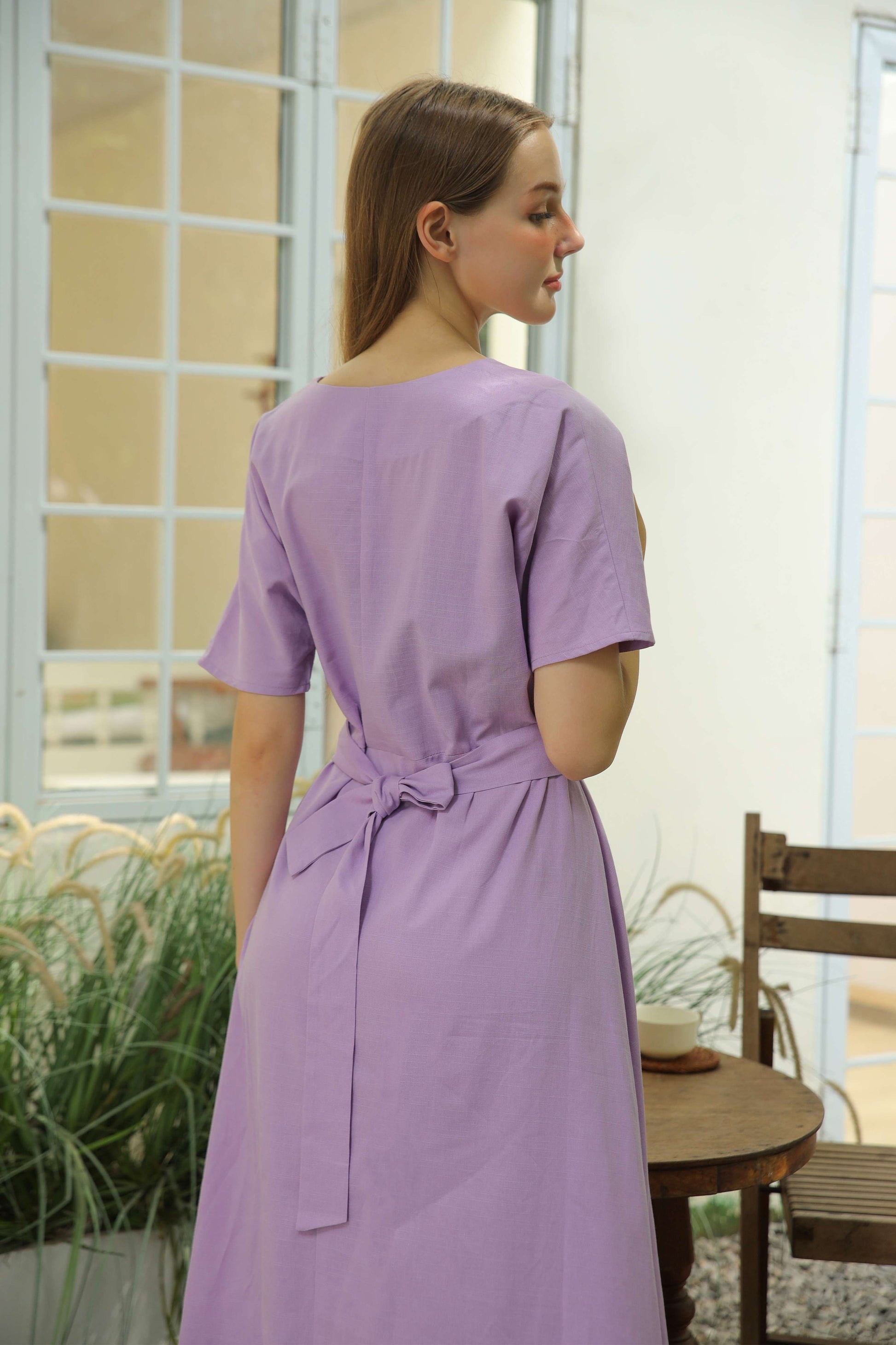 Short Sleeve V-Neck Linen Wrap Dress CAEN with Belt