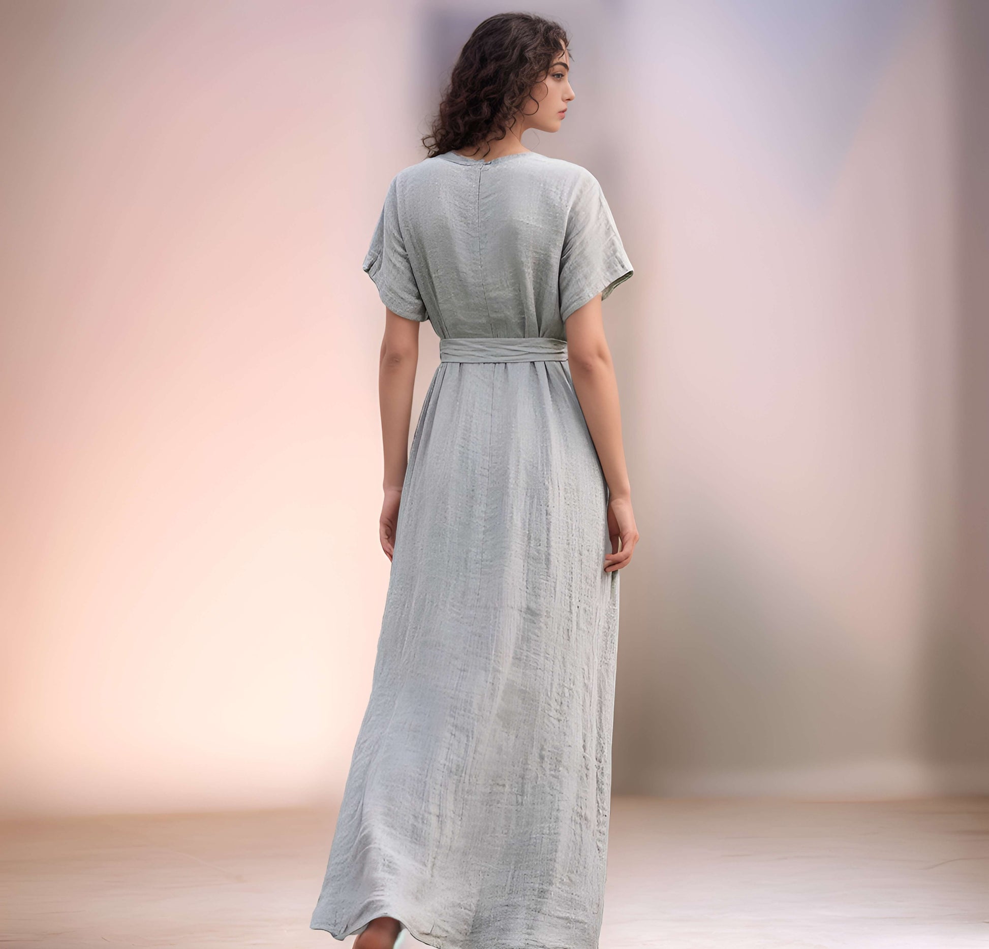 Short Sleeve Wrap Linen Dress CAEN with Belt