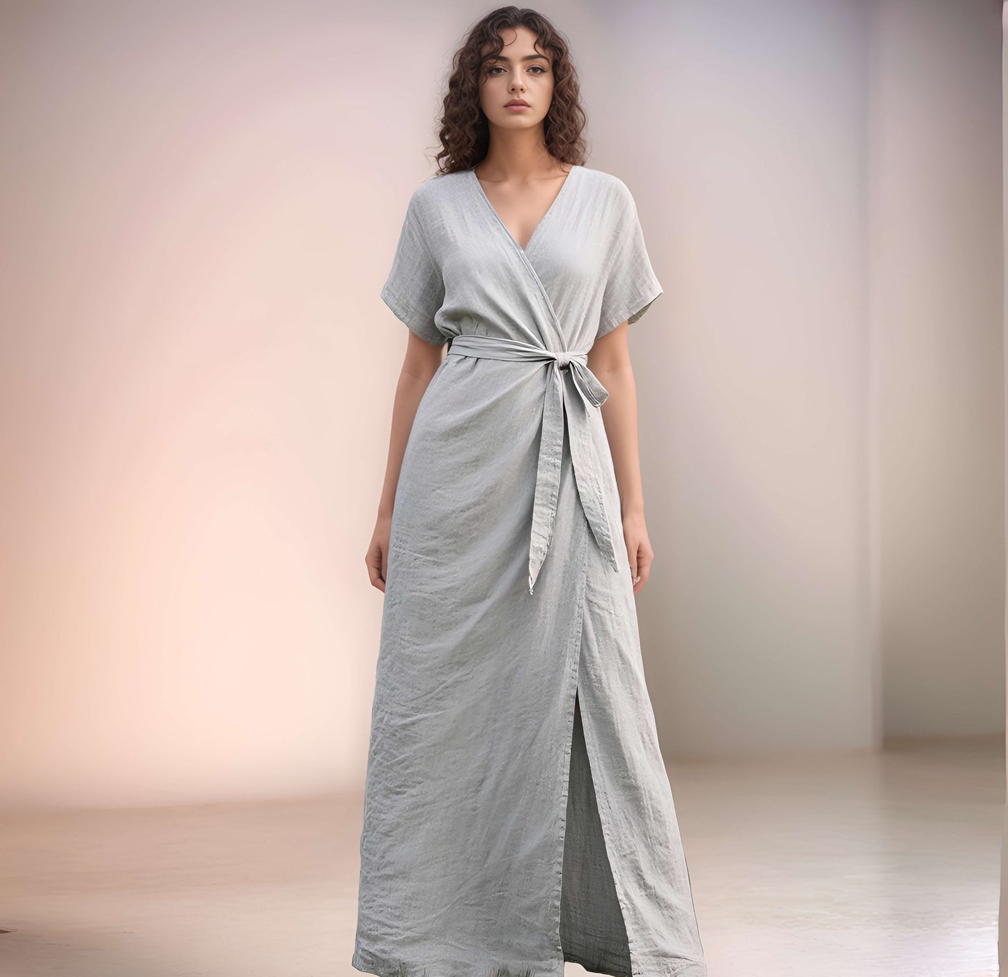 Short Sleeve V-Neck Linen Dress BLOIS with Belt