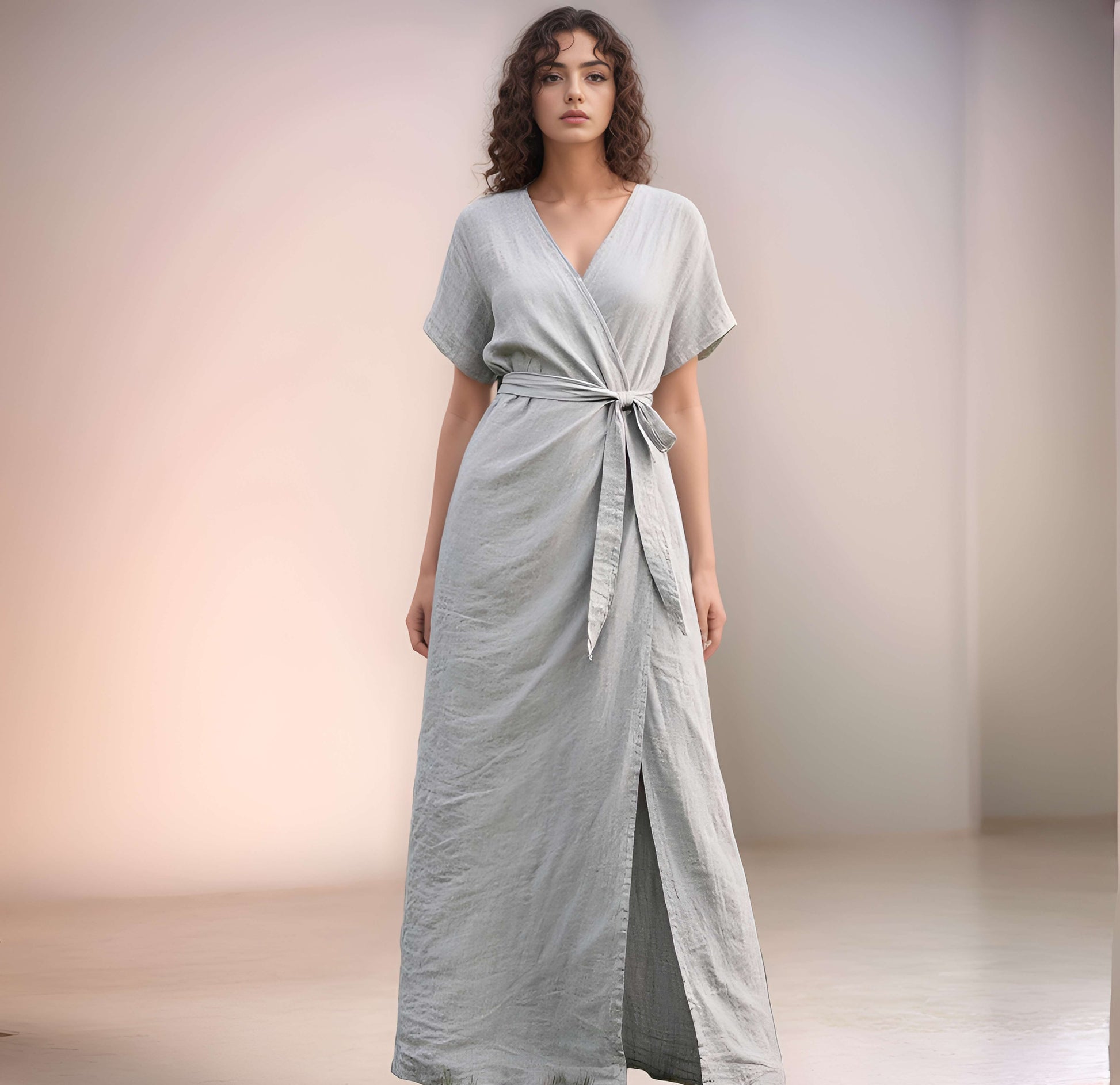 Short Sleeve V-Neck Linen Dress BLOIS with Belt