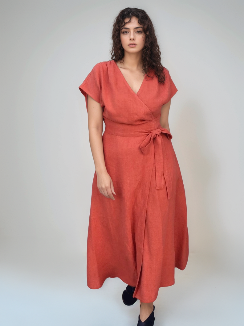 Short Sleeve Linen Wrap Dress ROUEN Pockets Loose