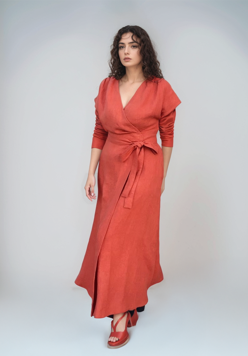 Short Sleeve Linen Wrap Dress ROUEN Pockets Loose