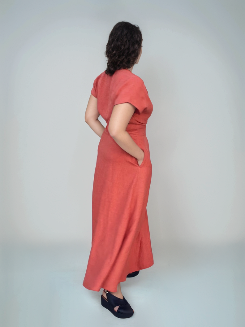Short Sleeve Linen Wrap Dress ROUEN Pockets Loose