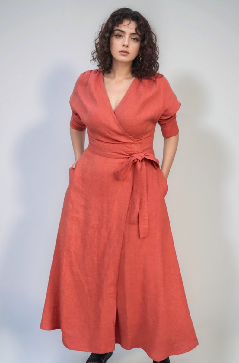 Short Sleeve Linen Wrap Dress ROUEN Pockets Loose