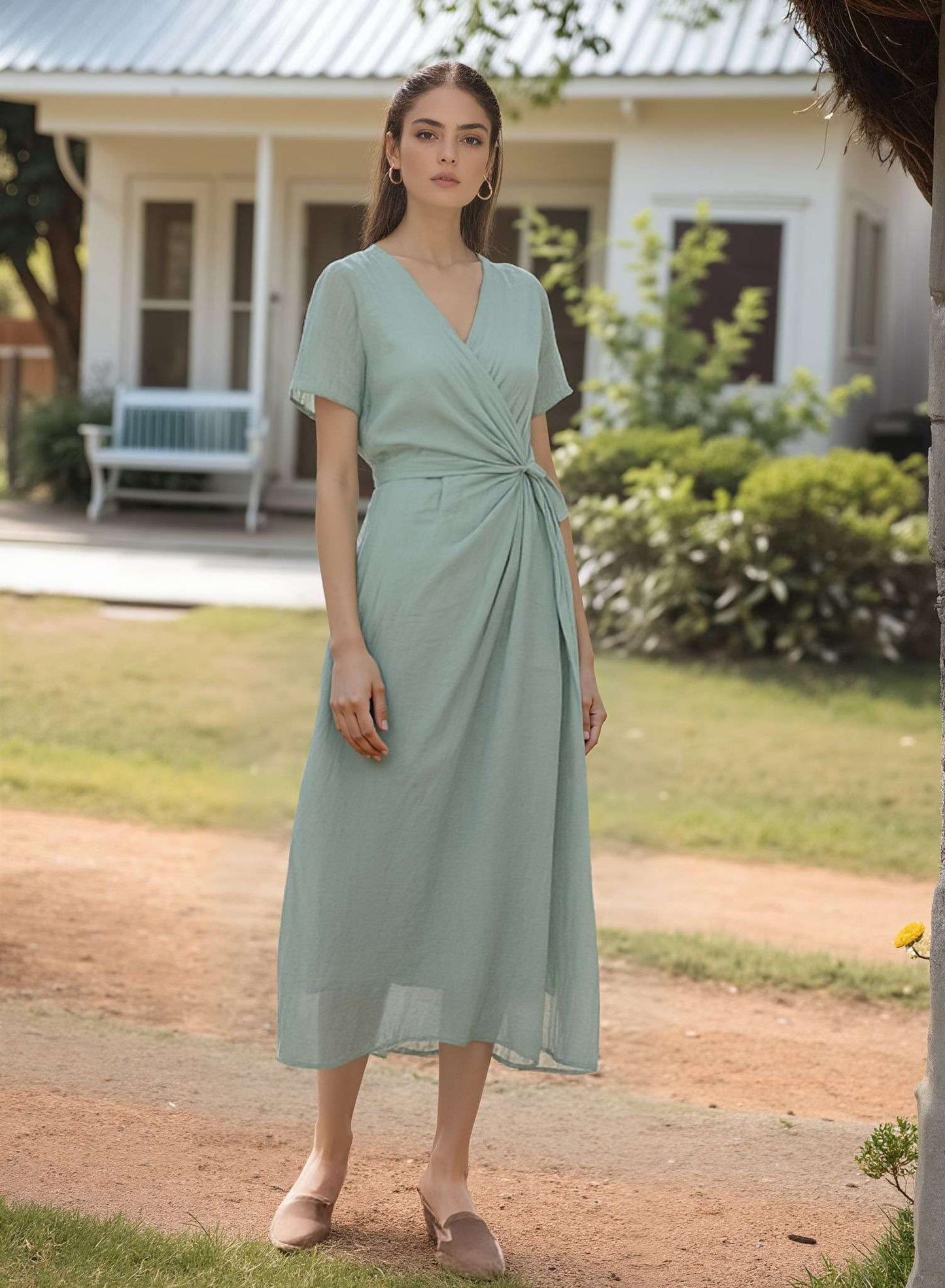 Short Sleeve Wrap Linen Dress NIMES Waist Tie Midi