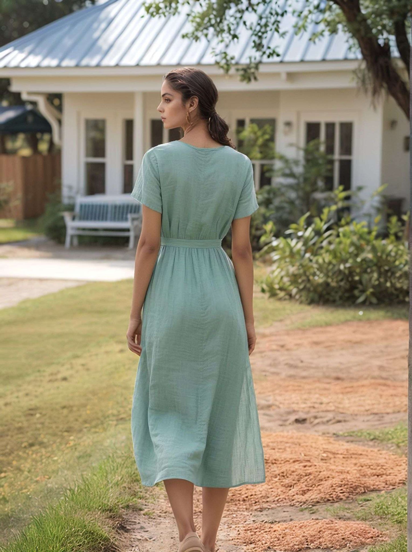 Short Sleeve Wrap Linen Dress NIMES Waist Tie Midi