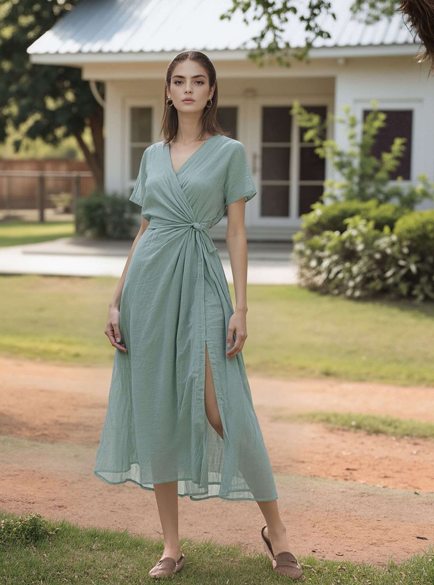 Short Sleeve Wrap Linen Dress NIMES Waist Tie Midi