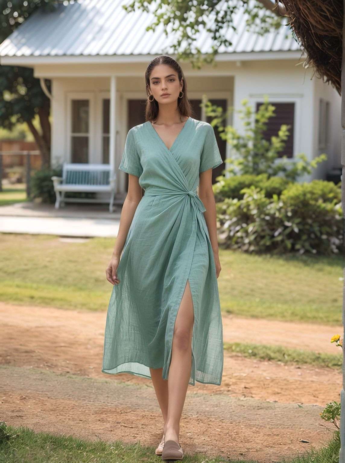 Short Sleeve Wrap Linen Dress NIMES Waist Tie Midi