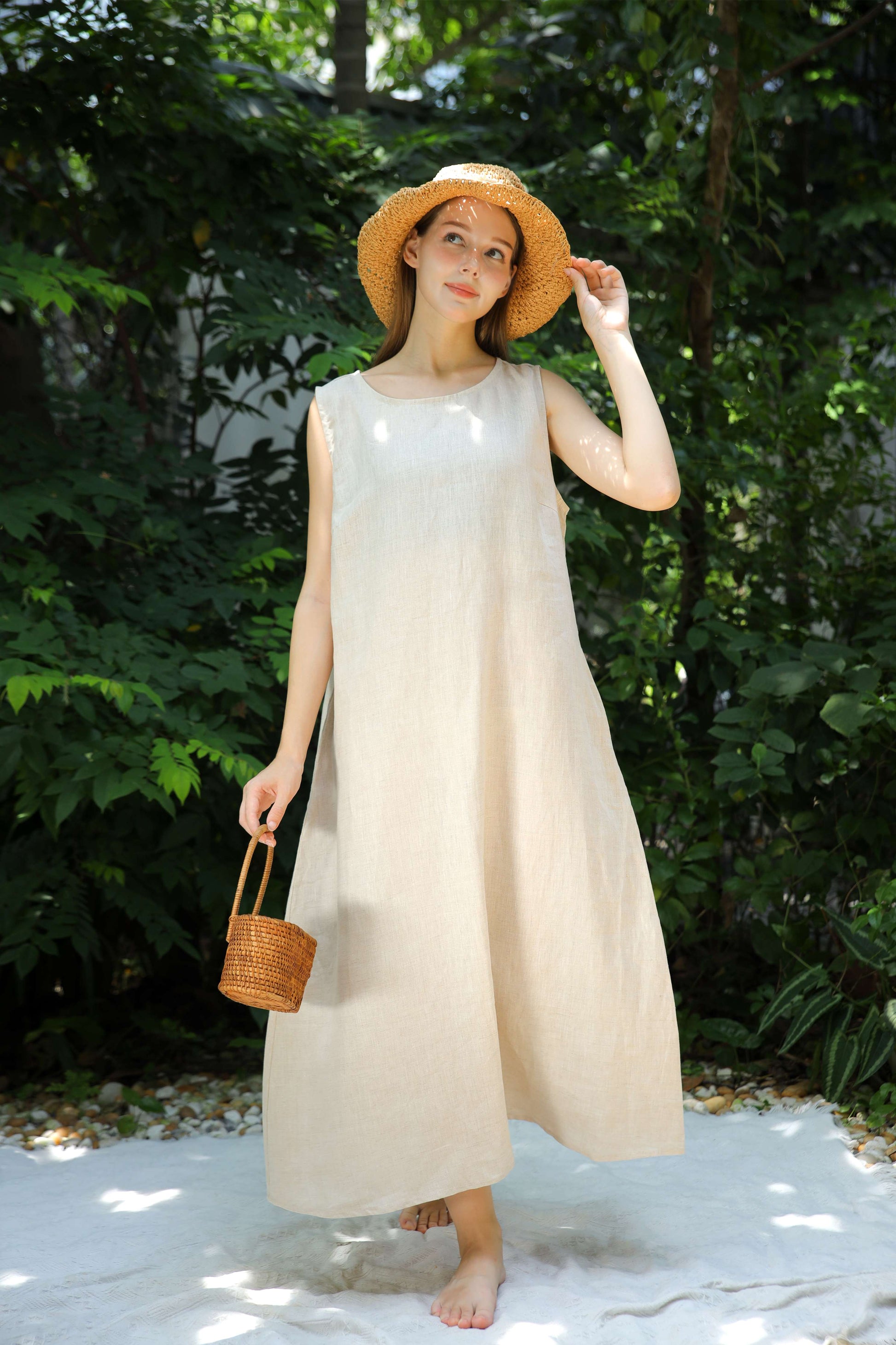 Sleeveless Pocket Linen Midi Dress ULURU for Plus Size