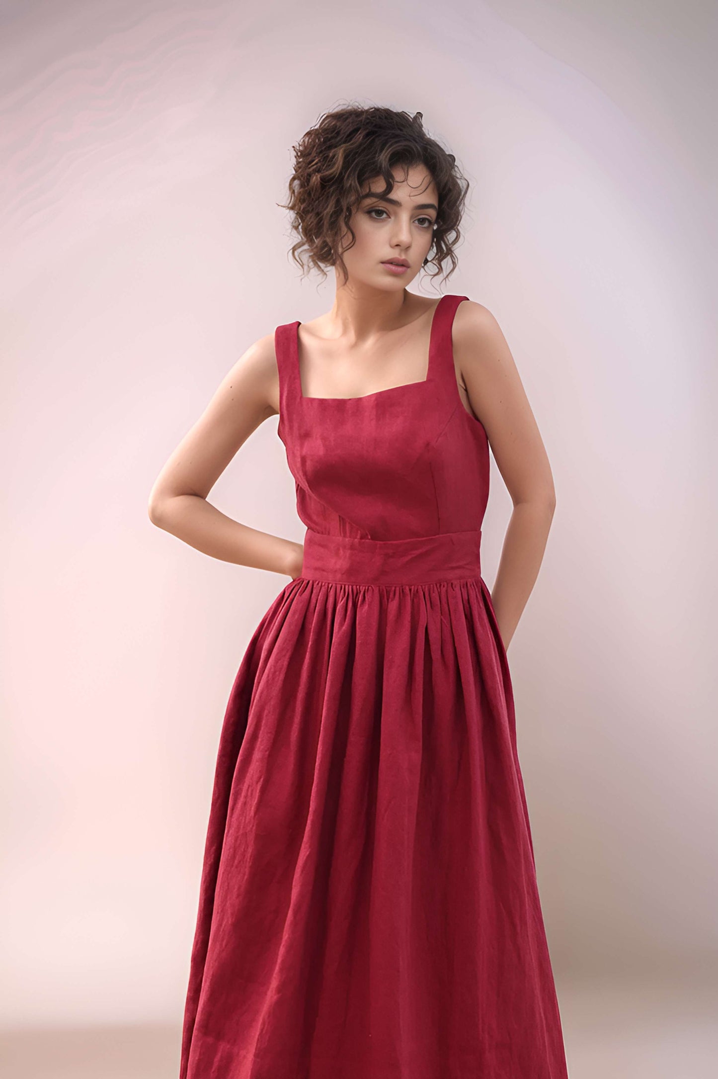 Sleeveless Linen Midi Dress CAEN with Bow Pockets