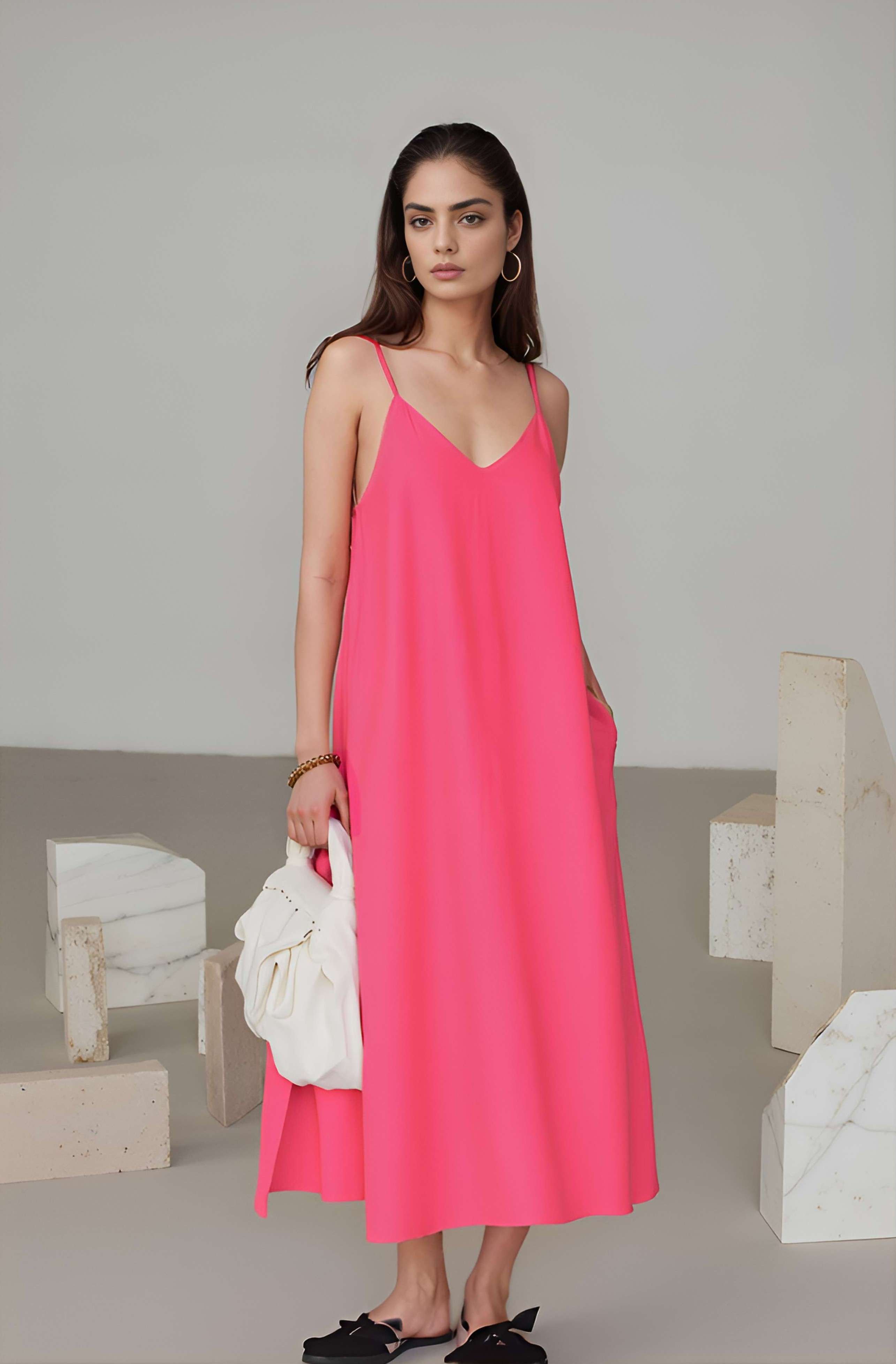 Spaghetti Strap Linen Slip Dress ASPEN with Pockets