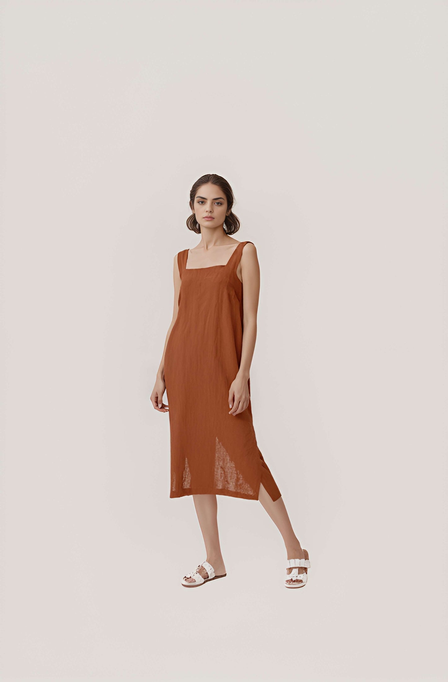 Square Neck Linen Dress BORDEAUX Sleeveless Tank