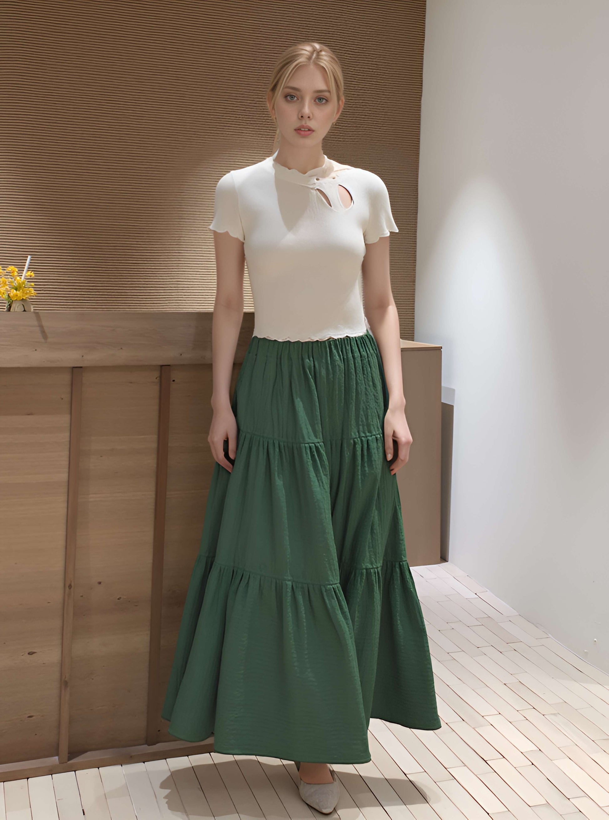 Tiered Linen Maxi Skirt BESANCON Elastic Waist