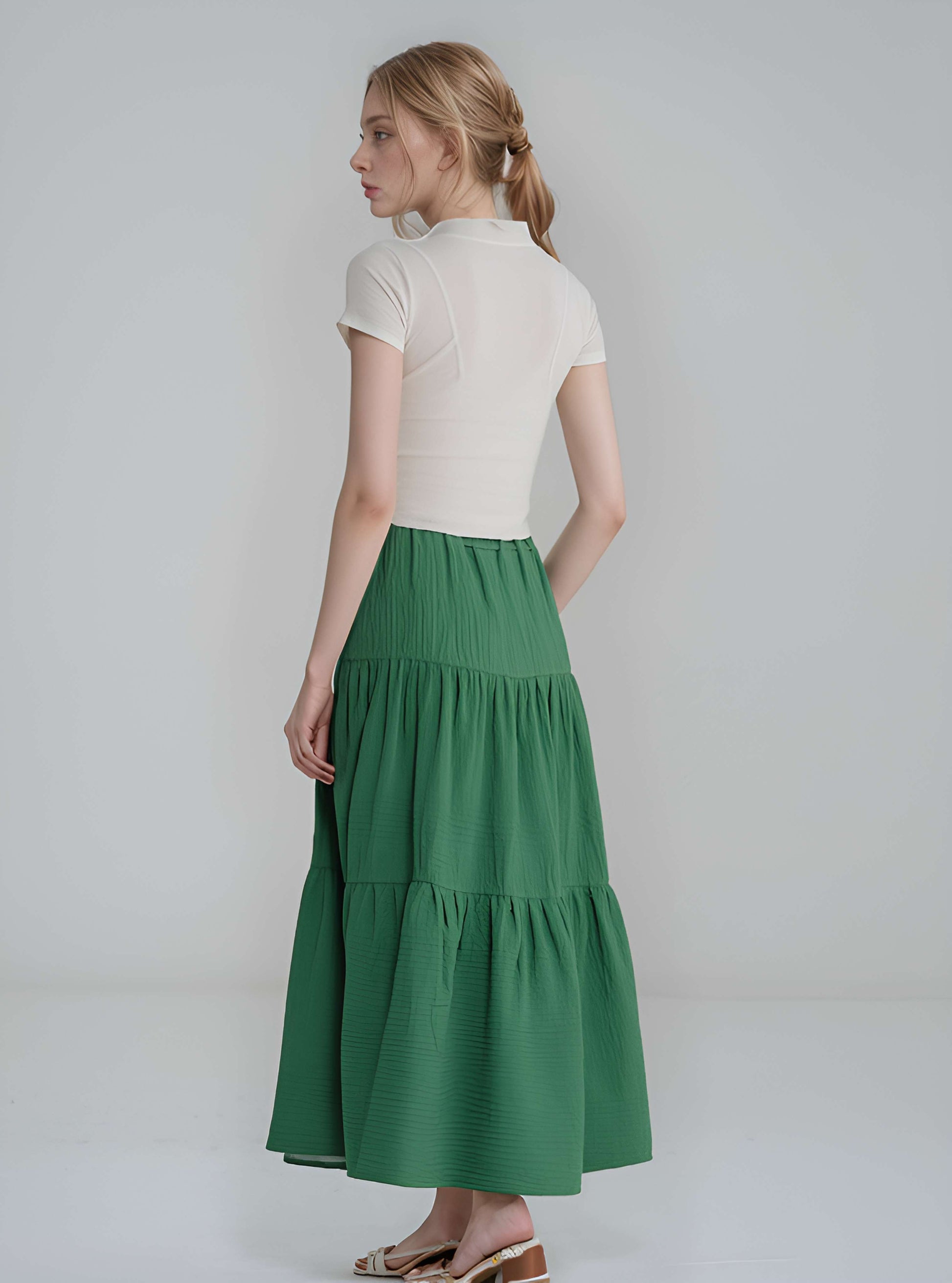 Tiered Linen Maxi Skirt BESANCON Elastic Waist