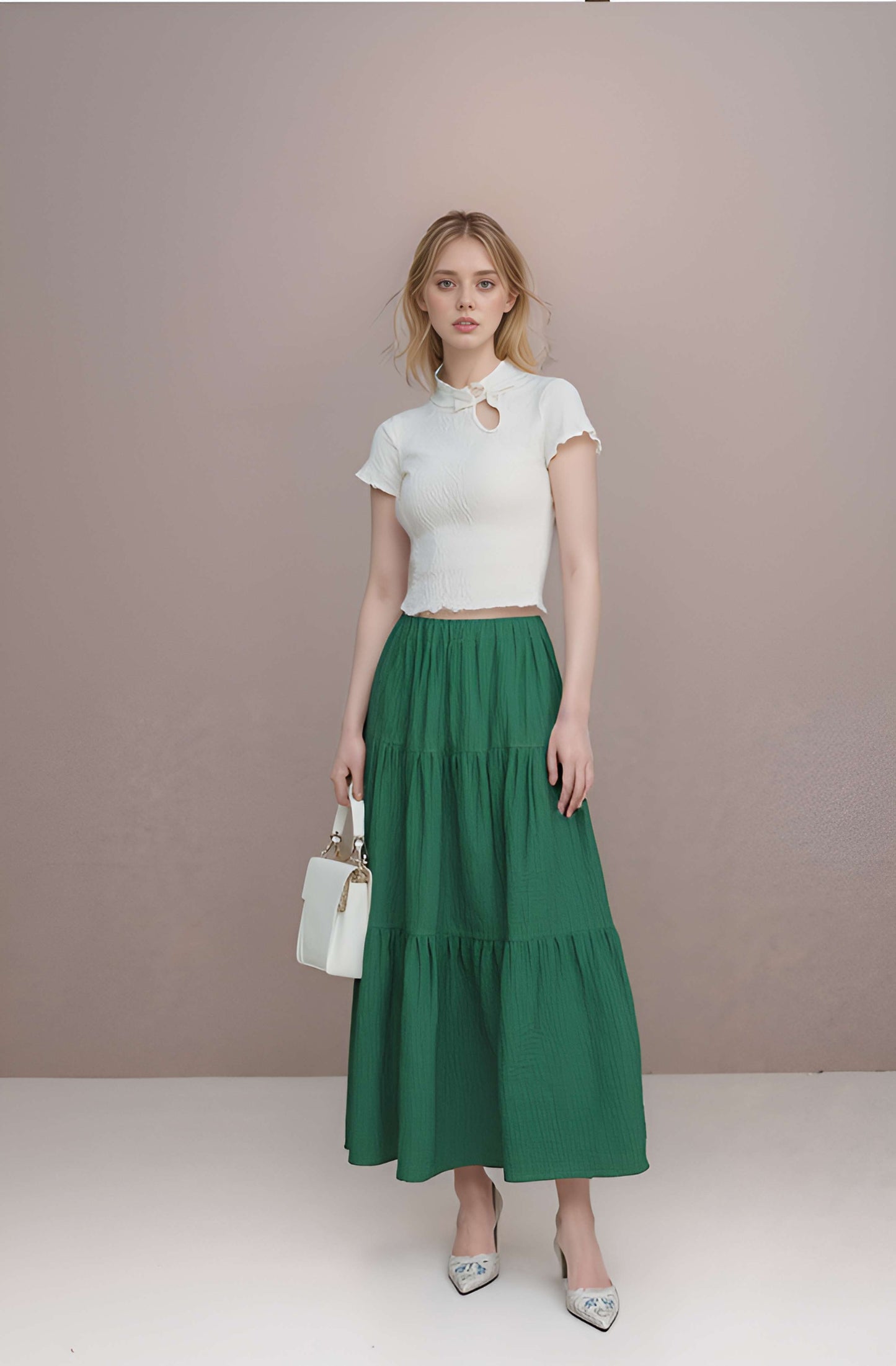 Tiered Linen Maxi Skirt BESANCON Elastic Waist