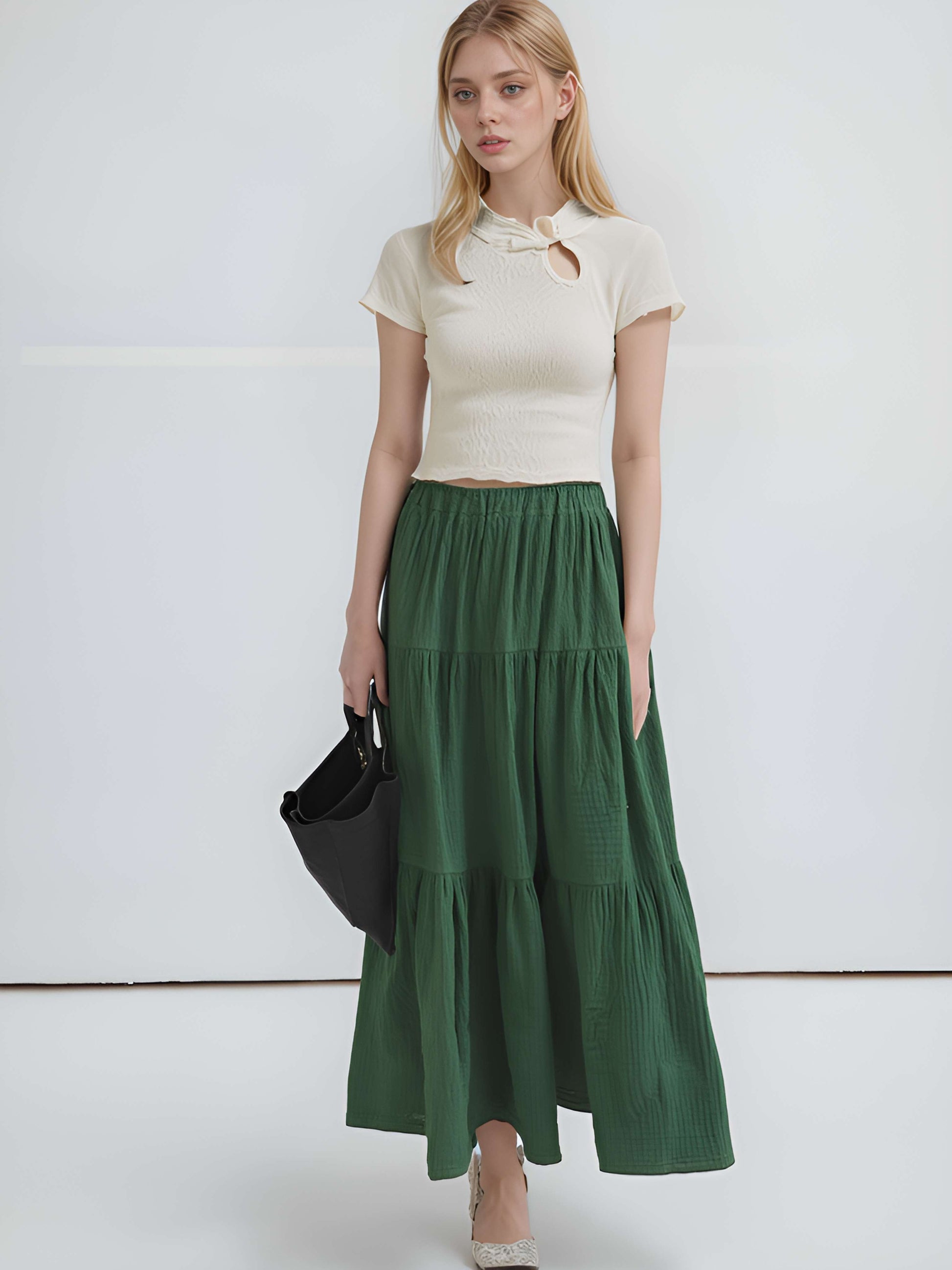 Tiered Linen Maxi Skirt BESANCON Elastic Waist