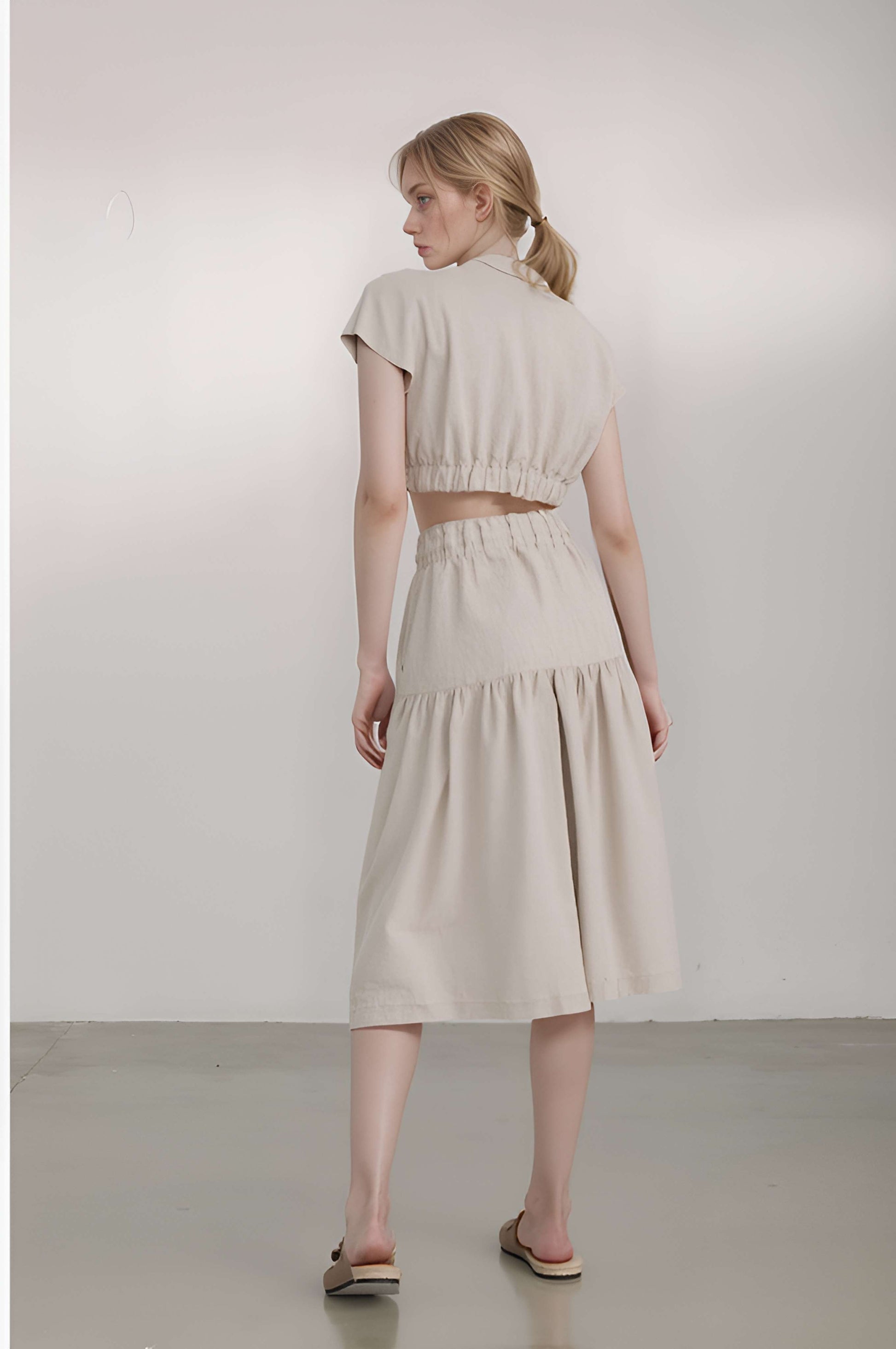 Tiered Linen Midi Skirt PERPIGNAN in Beige Pockets