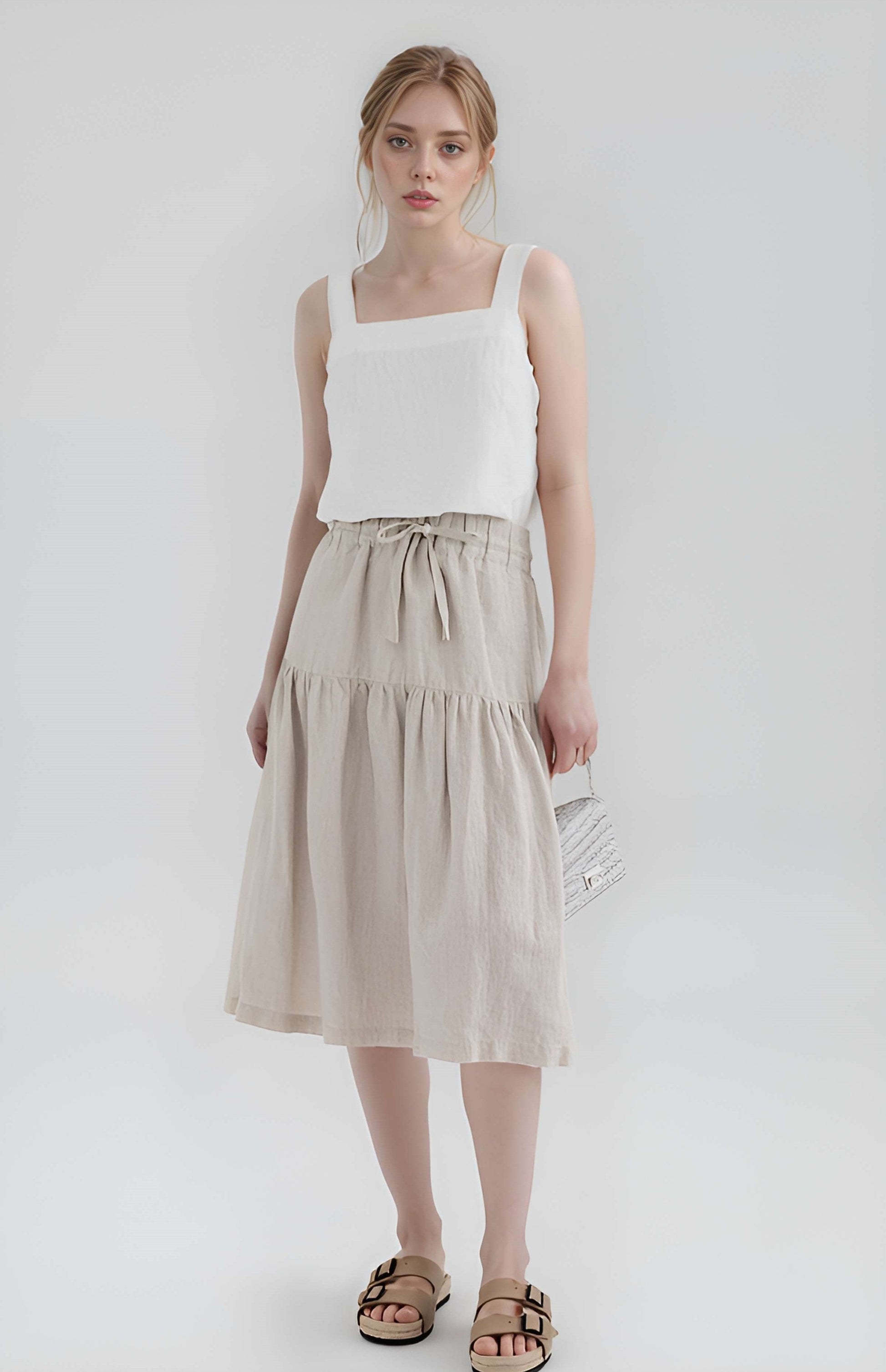 Tiered Linen Midi Skirt PERPIGNAN in Beige Pockets
