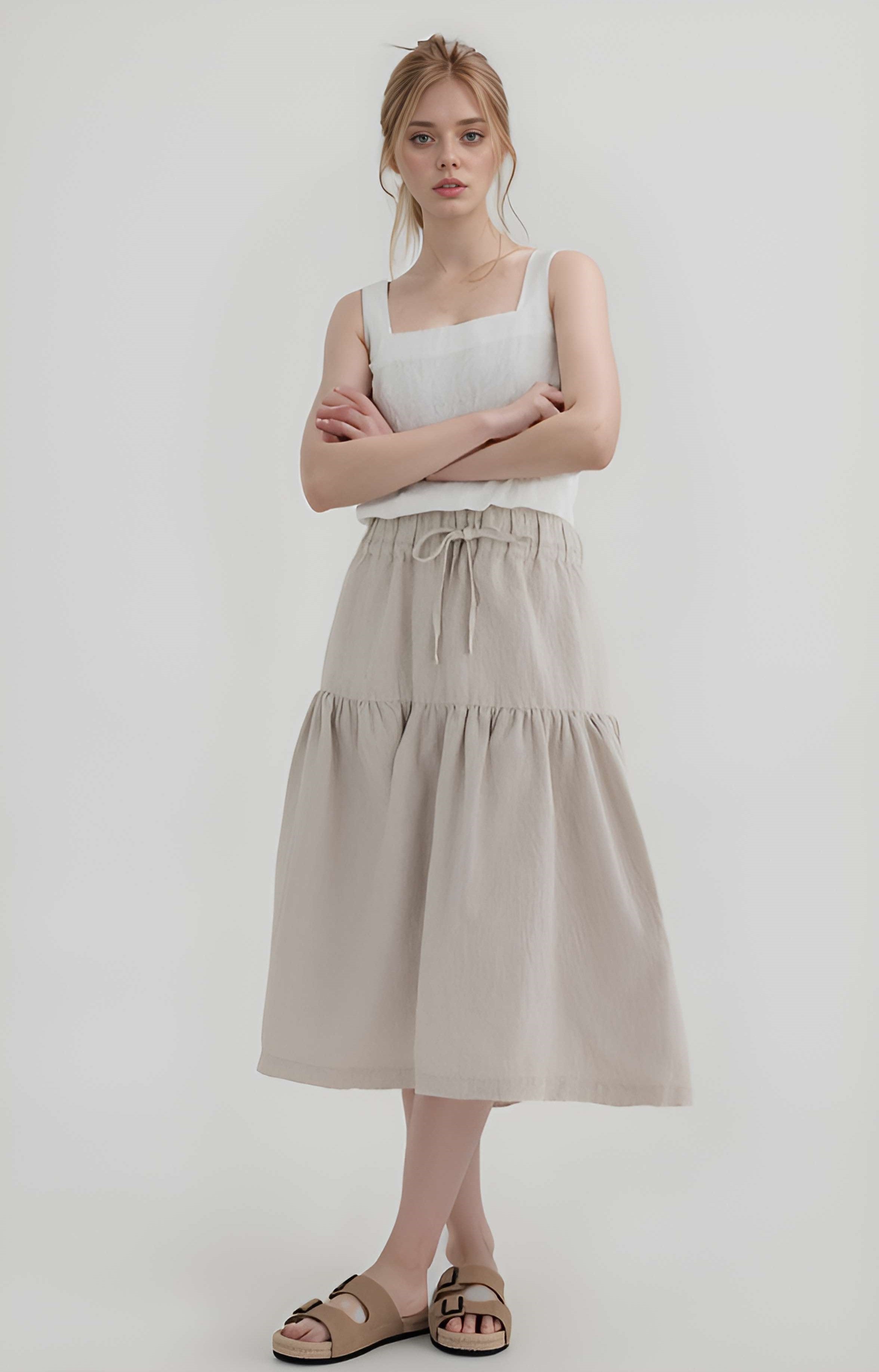Tiered Linen Midi Skirt PERPIGNAN in Beige Pockets