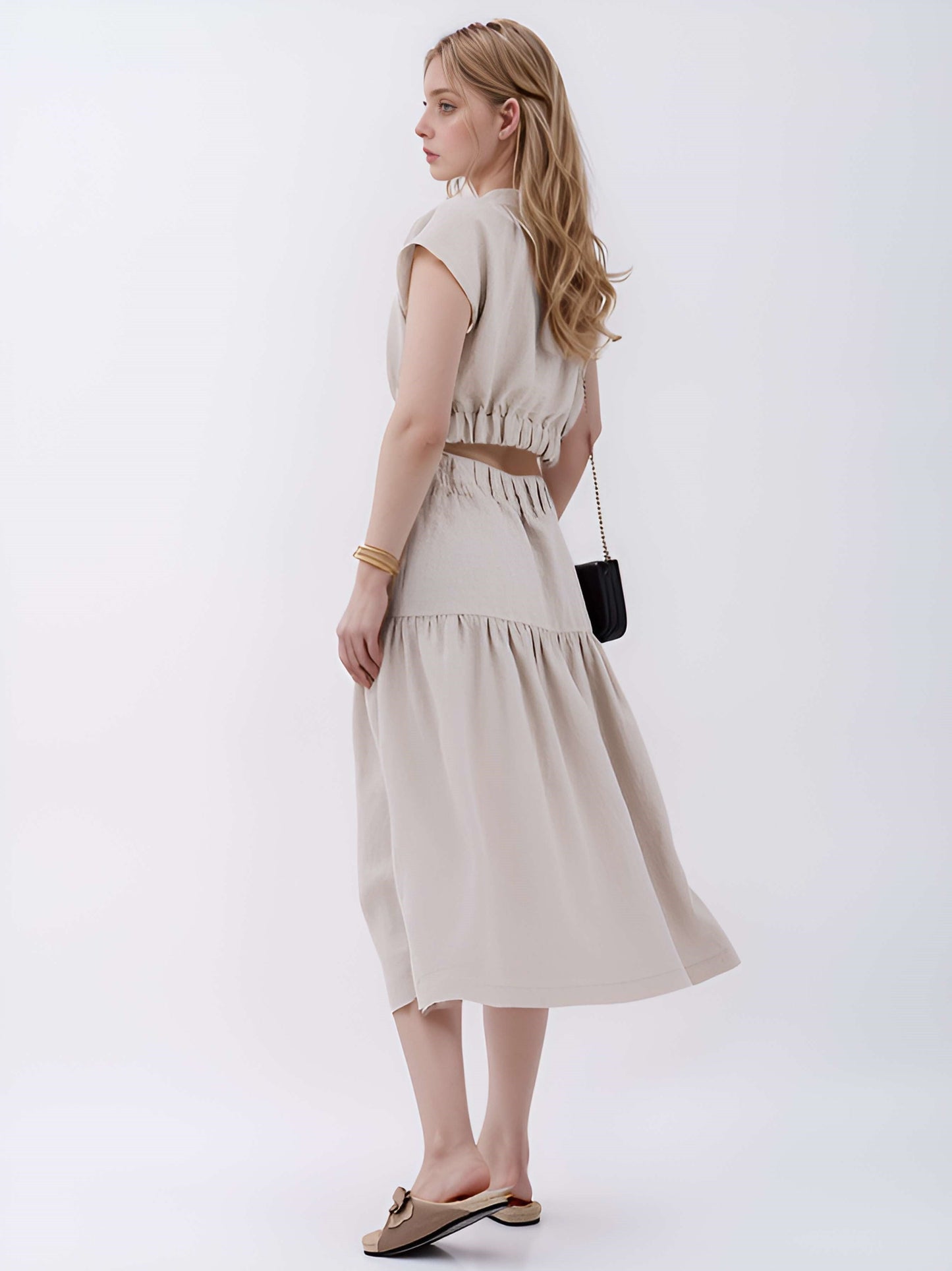Tiered Linen Midi Skirt PERPIGNAN in Beige Pockets
