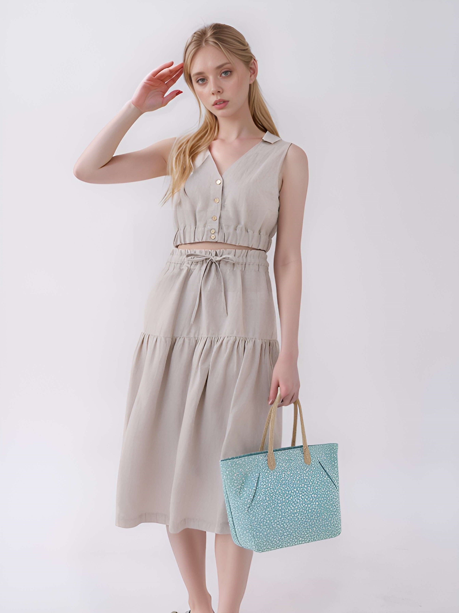 Tiered Linen Midi Skirt PERPIGNAN in Beige Pockets