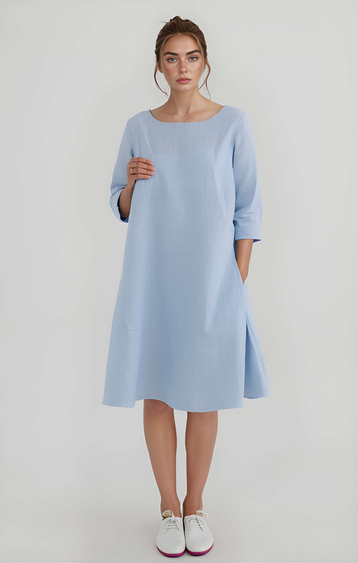 Trapeze Linen Dress NANCY Medium Sleeve Pockets