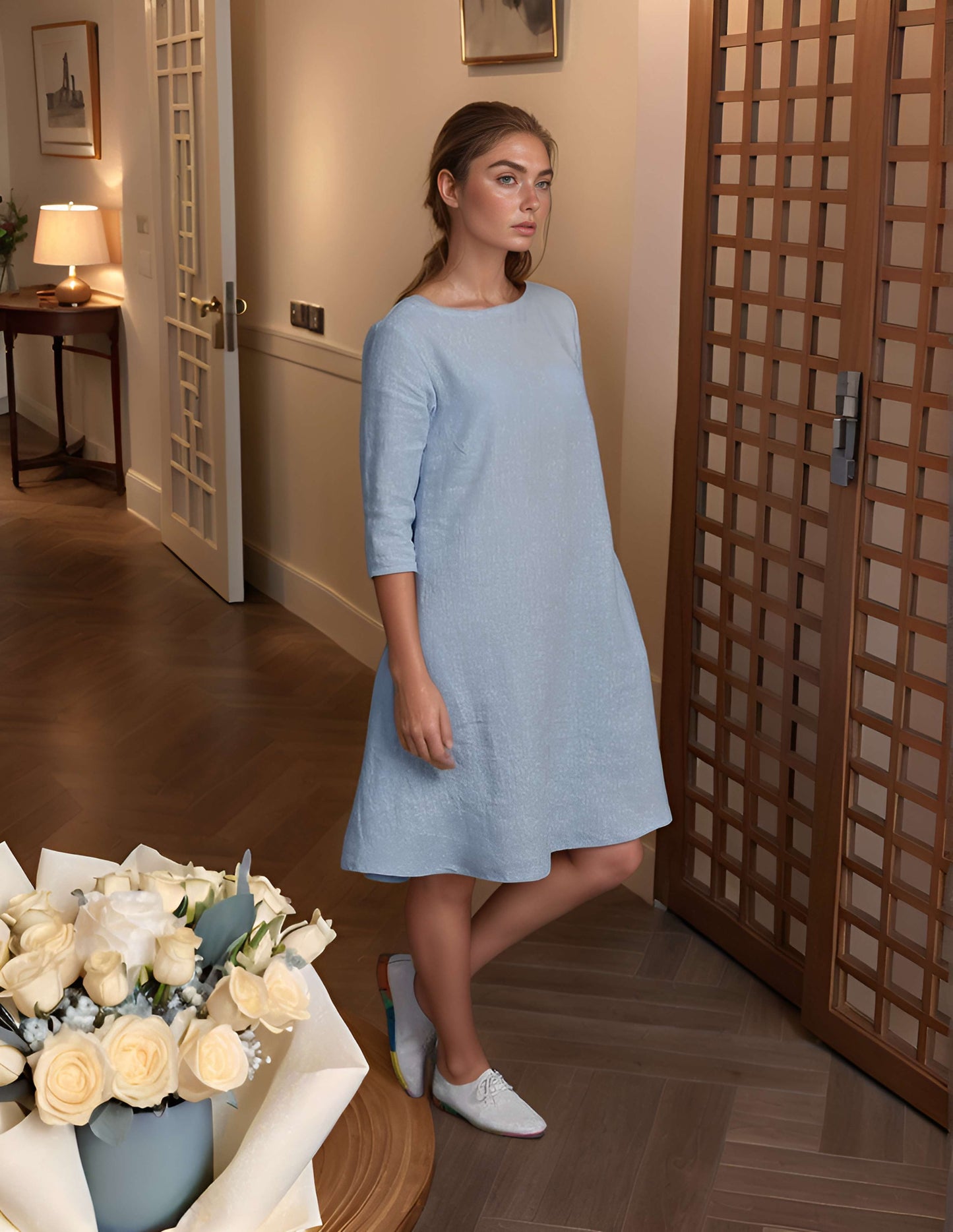 Trapeze Linen Dress NANCY Medium Sleeve Pockets