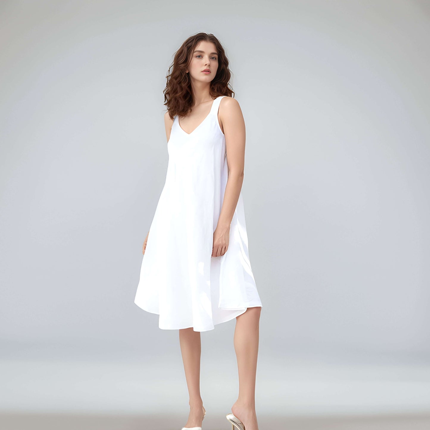 V-Neck Loose Fit Linen Midi Dress GENEVA for Plus Size