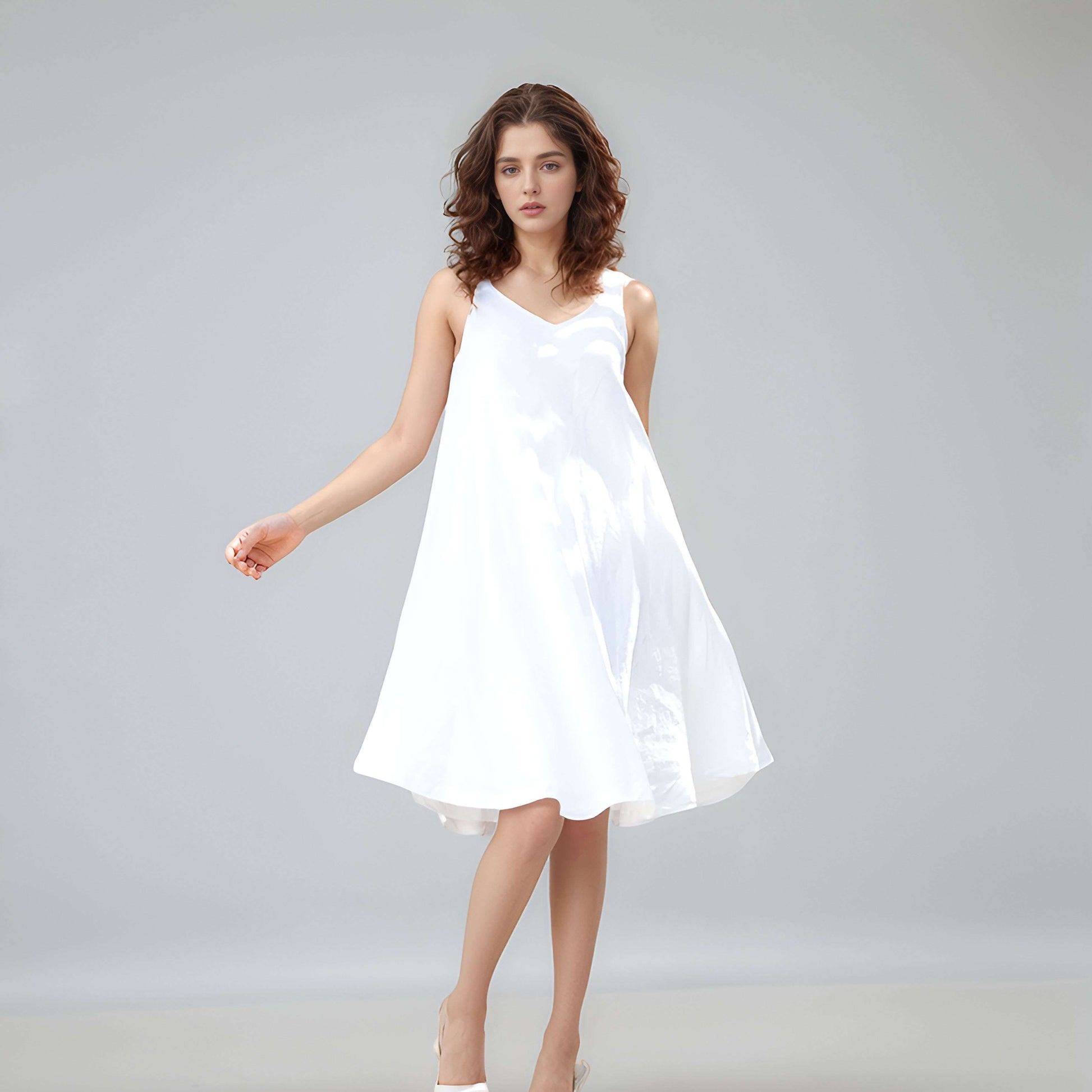 V-Neck Loose Fit Linen Midi Dress GENEVA for Plus Size