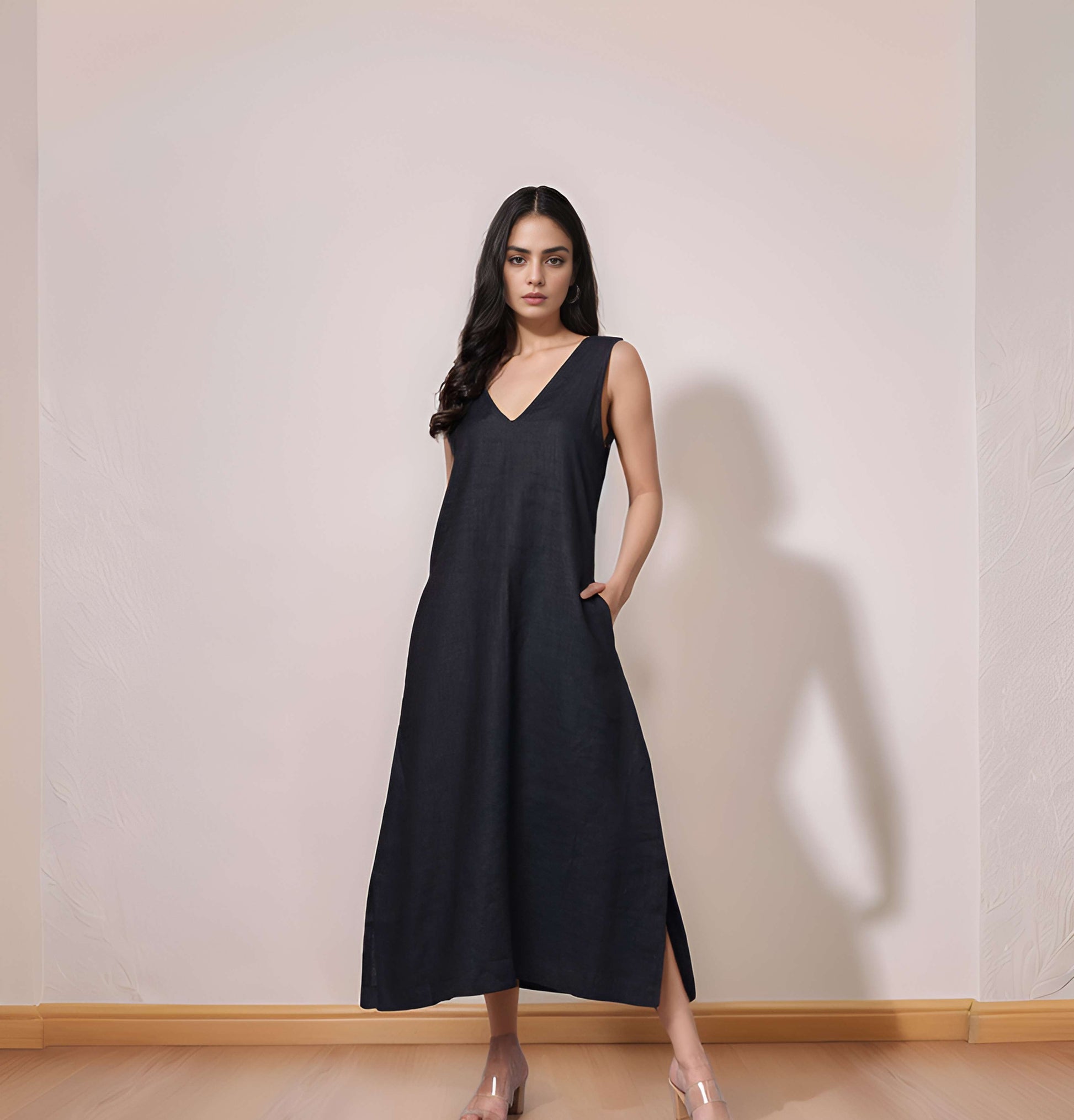 V-Neck Sleeveless Linen Maxi Dress BORDEAUX in Black