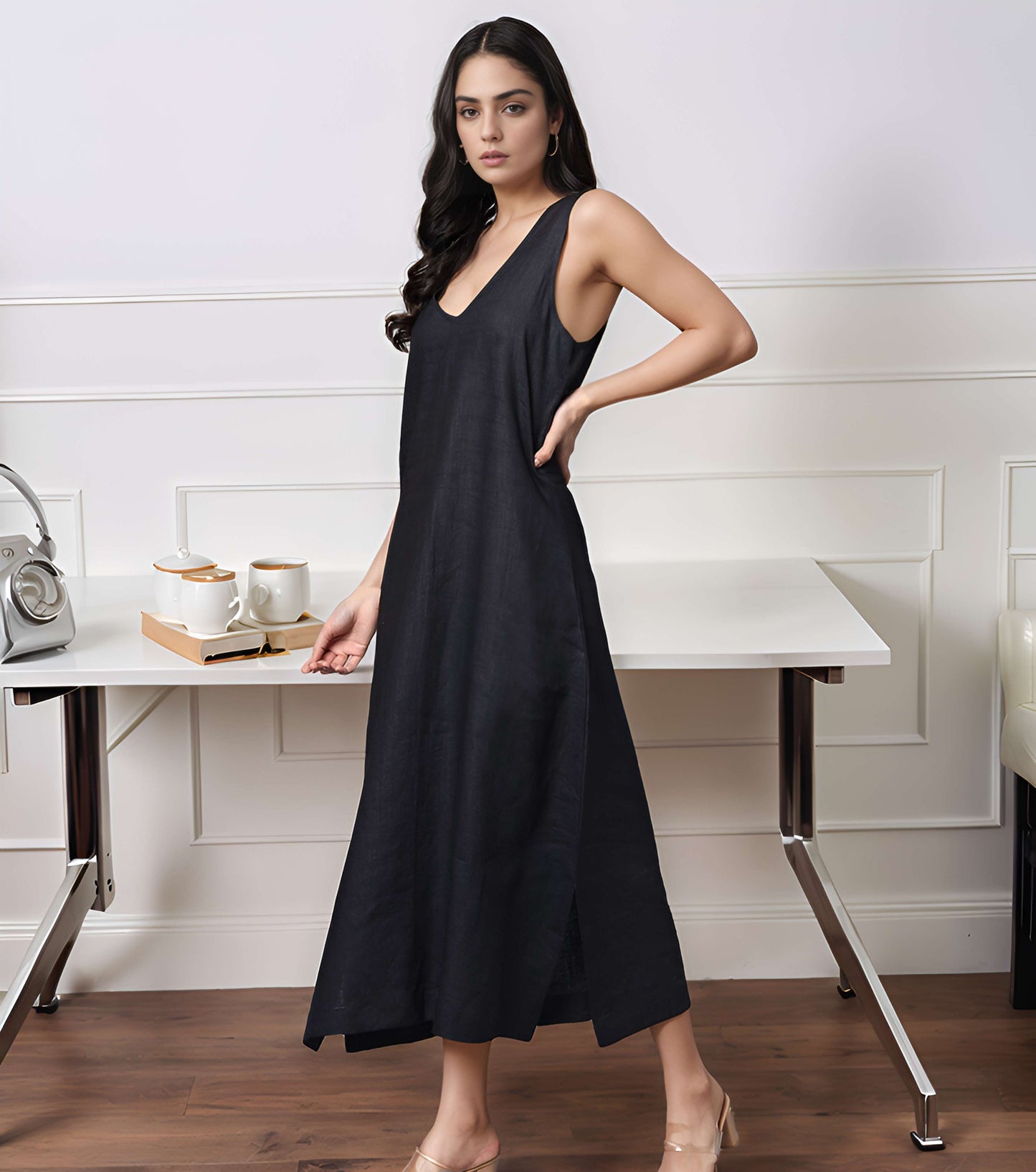 V-Neck Sleeveless Linen Maxi Dress BORDEAUX in Black