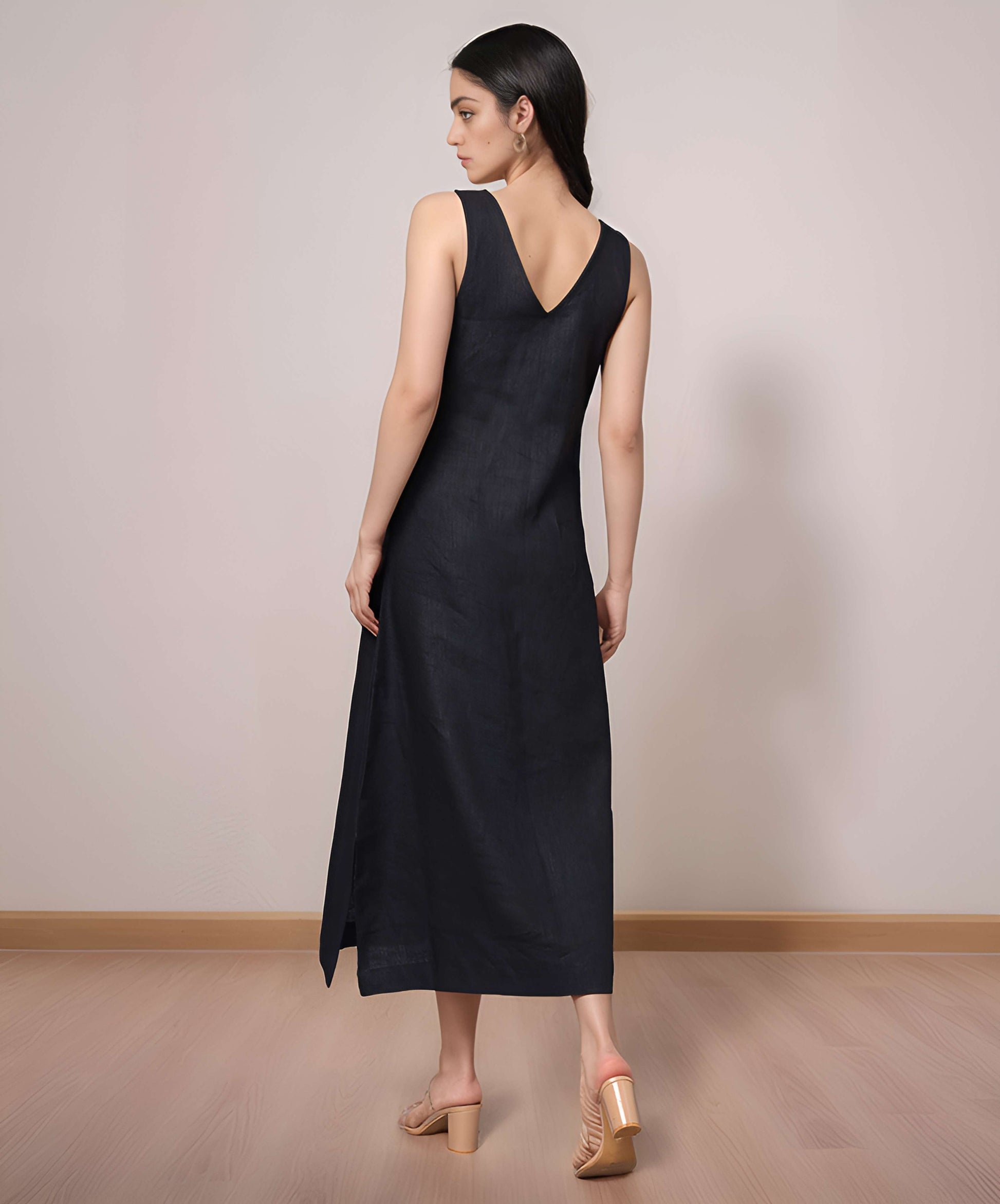 V-Neck Sleeveless Linen Maxi Dress BORDEAUX in Black