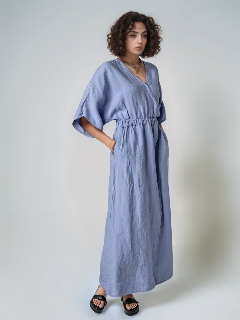 V Neck Linen Kaftan Dress RENNES Kimono Sleeves
