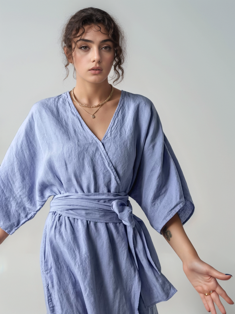 V Neck Linen Kaftan Dress RENNES Kimono Sleeves