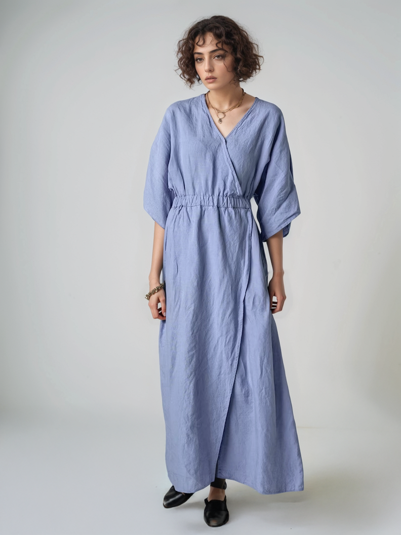 V Neck Linen Kaftan Dress RENNES Kimono Sleeves