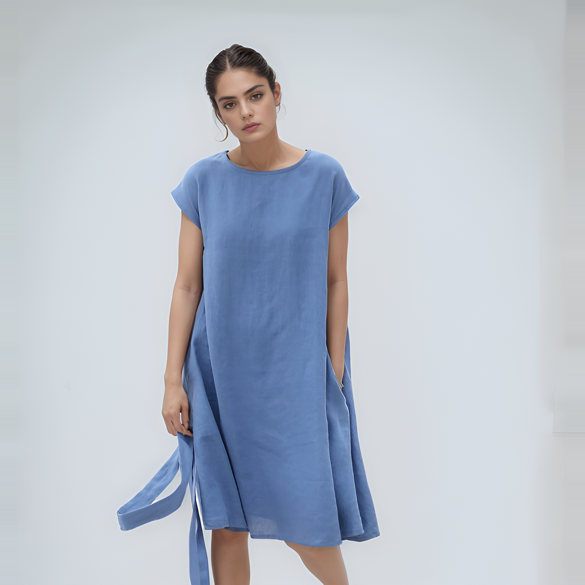 Wide Skirt Linen Dress ANGERS with Pockets Belt